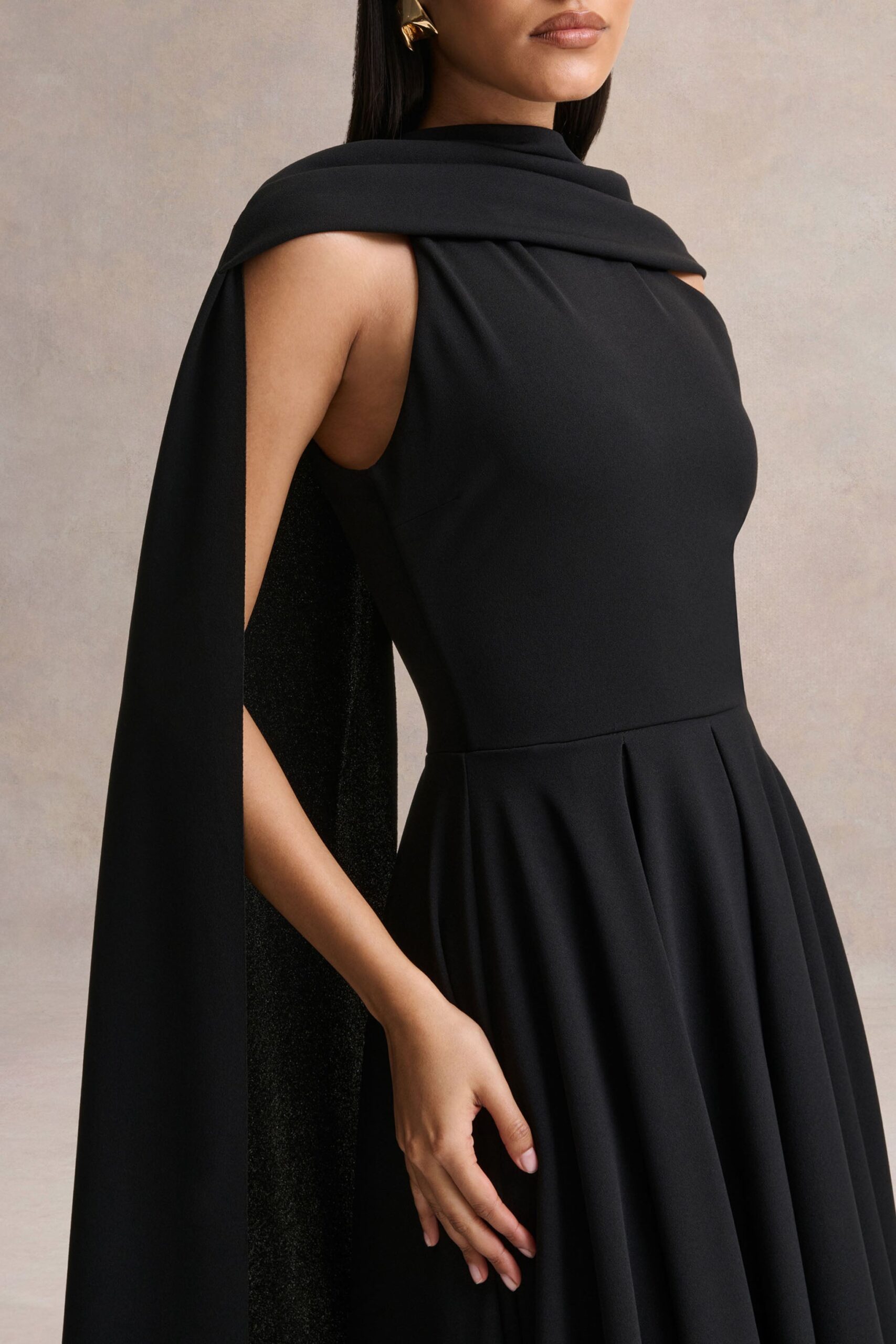 MNCLL131026150712565_3 Club L London Nova | Black High-Neck Midi Dress With Cape-Sleeves - Image 3