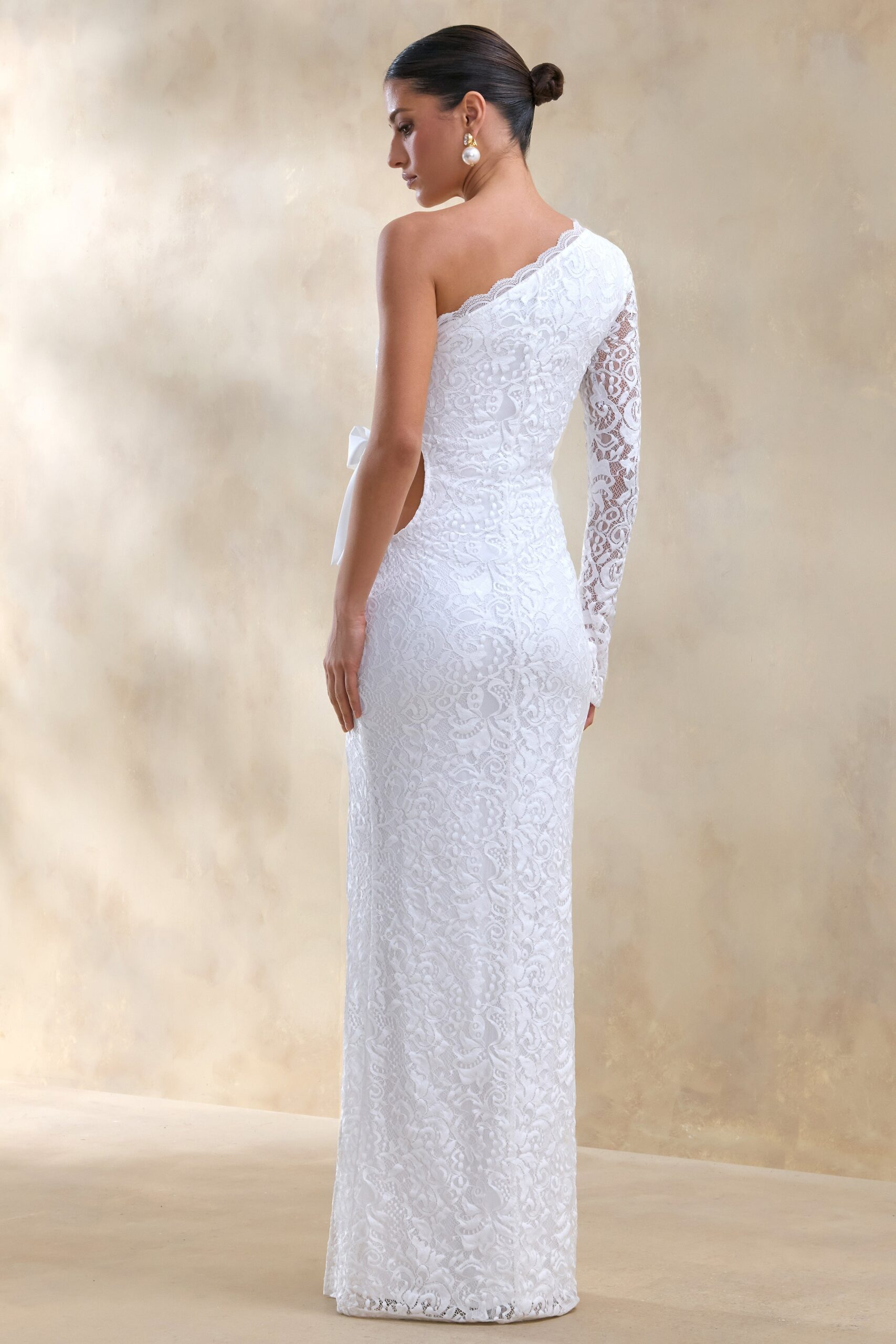 MNCLL131026150712569_3 Club L London Norna | White Lace Asymmetric-Neck Maxi Dress With Cut-Out And Bow Details - Image 3