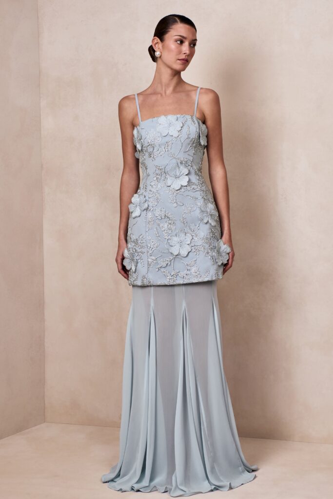Club L London Nessa | Light Blue 3D Floral Square-Neck Maxi Dress With Sheer Skirt - Image 1