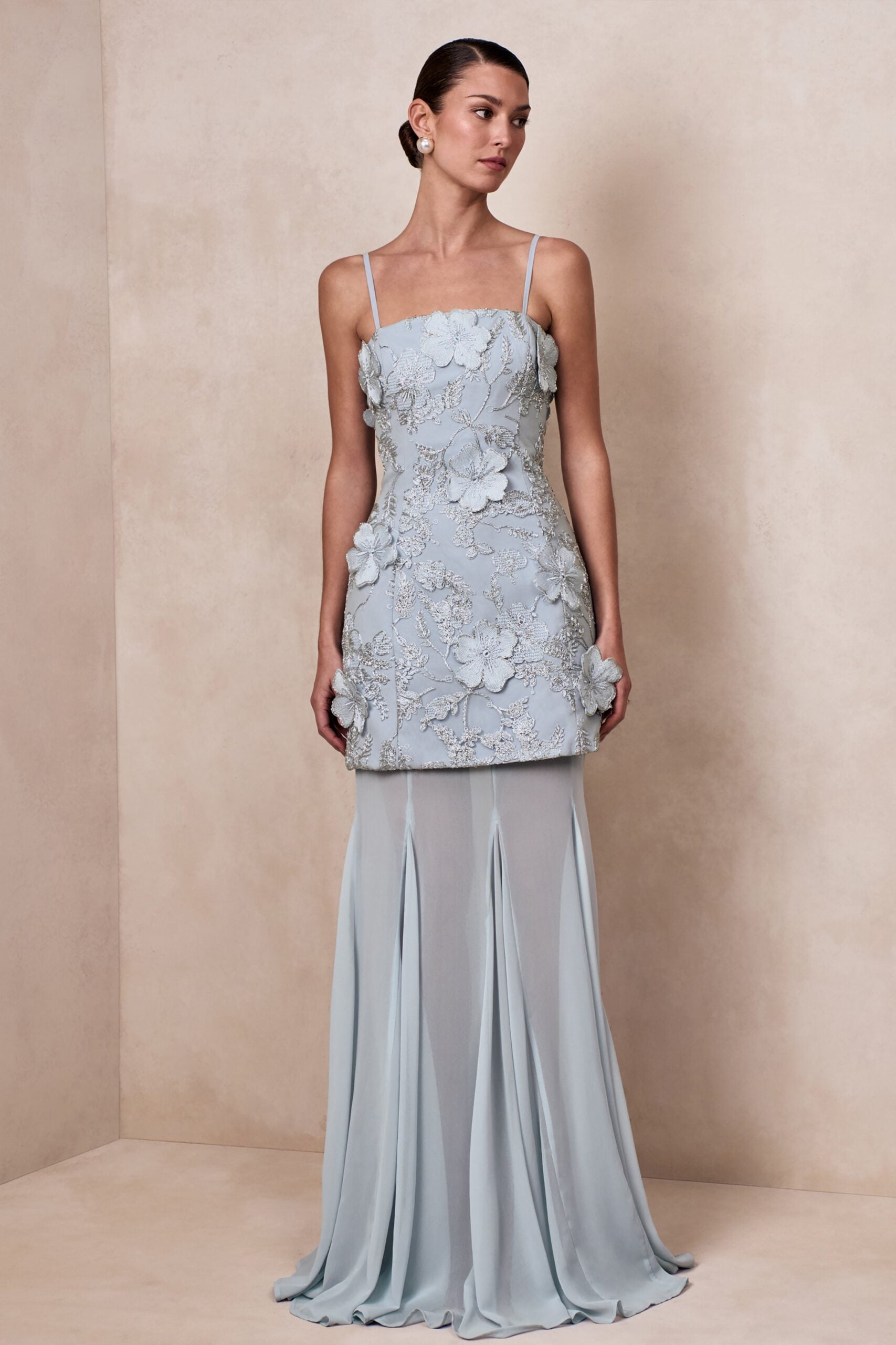 Club L London Nessa | Light Blue 3D Floral Square-Neck Maxi Dress With Sheer Skirt - Image 1