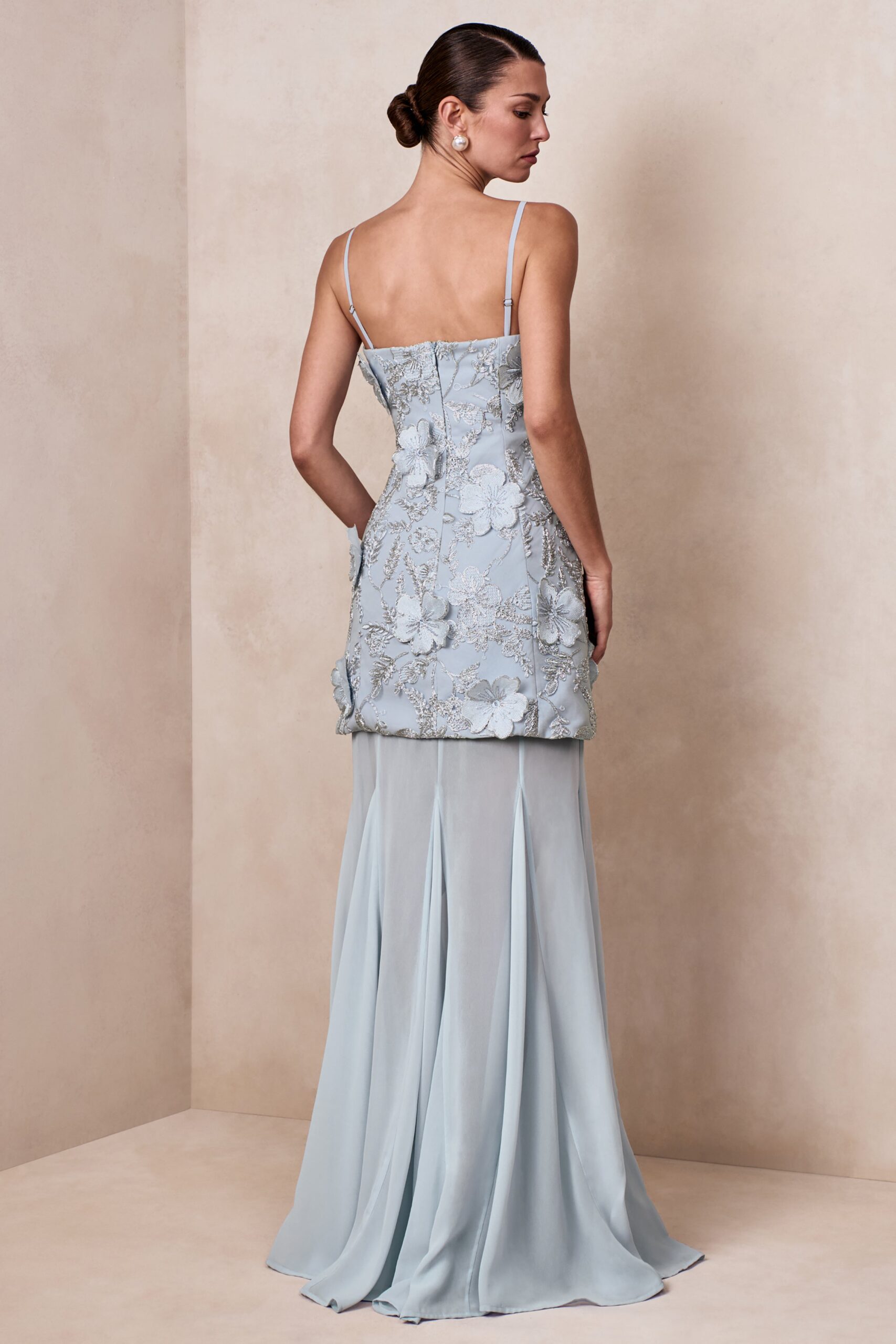 MNCLL131026150712588_2 Club L London Nessa | Light Blue 3D Floral Square-Neck Maxi Dress With Sheer Skirt - Image 2