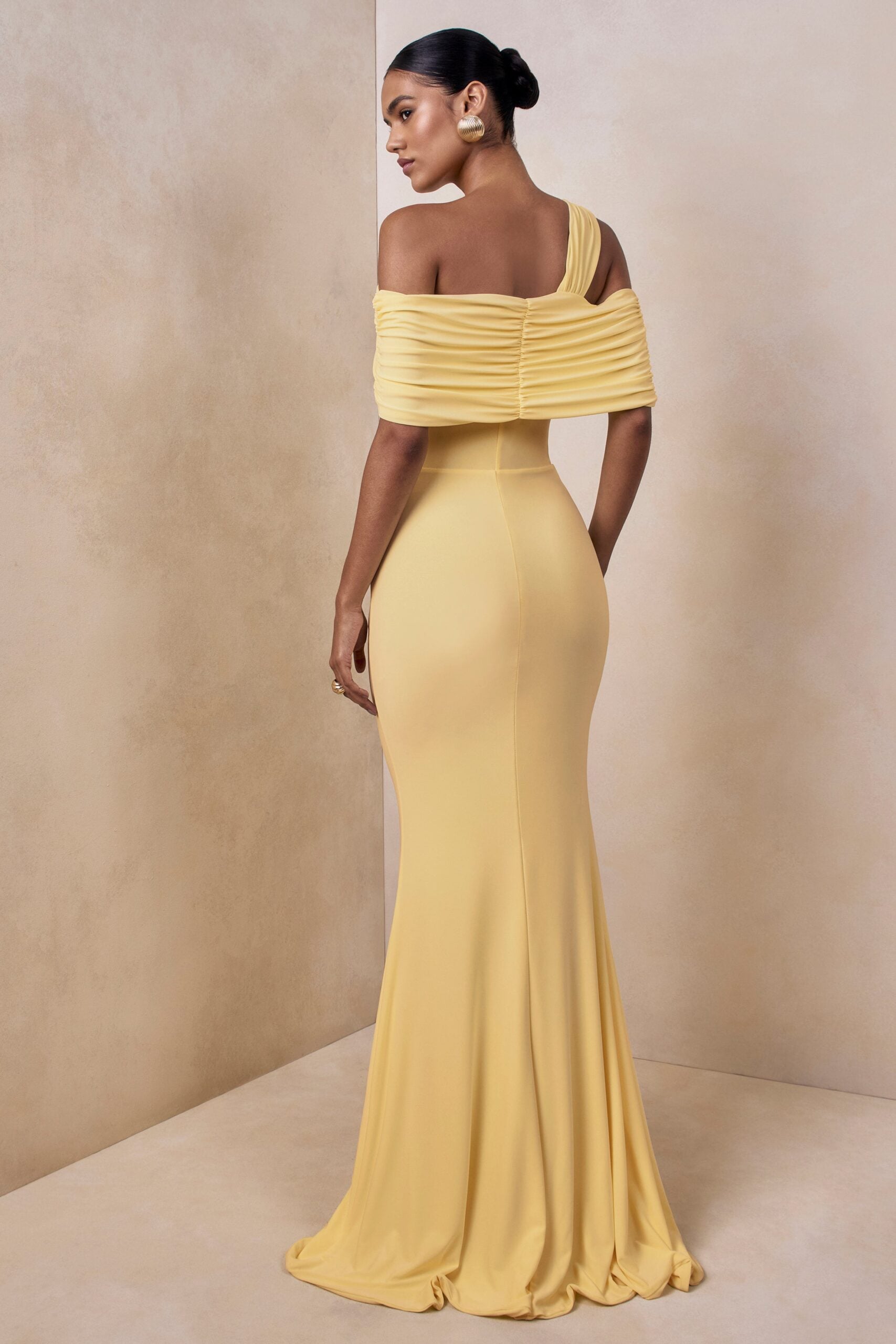 MNCLL131026150712611_2 Club L London Nala | Lemon Asymmetric-Neck Maxi Dress With Gathered Detailing - Image 2