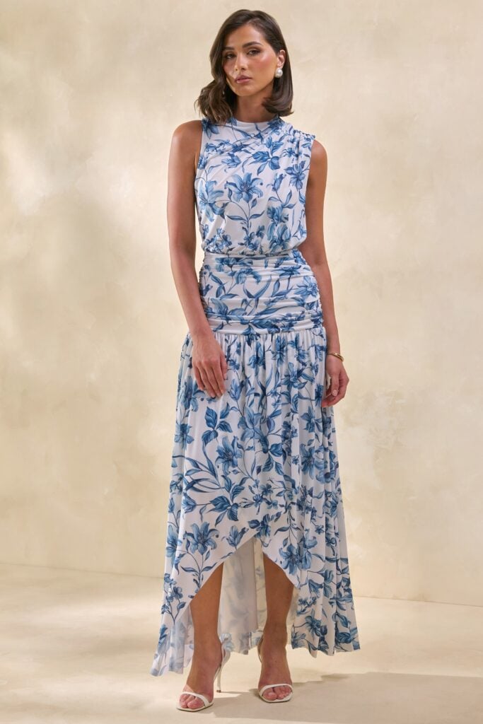 Club L London Myssara | Blue Porcelain-Print High-Neck Maxi Dress Gathered-Detailing - Image 1