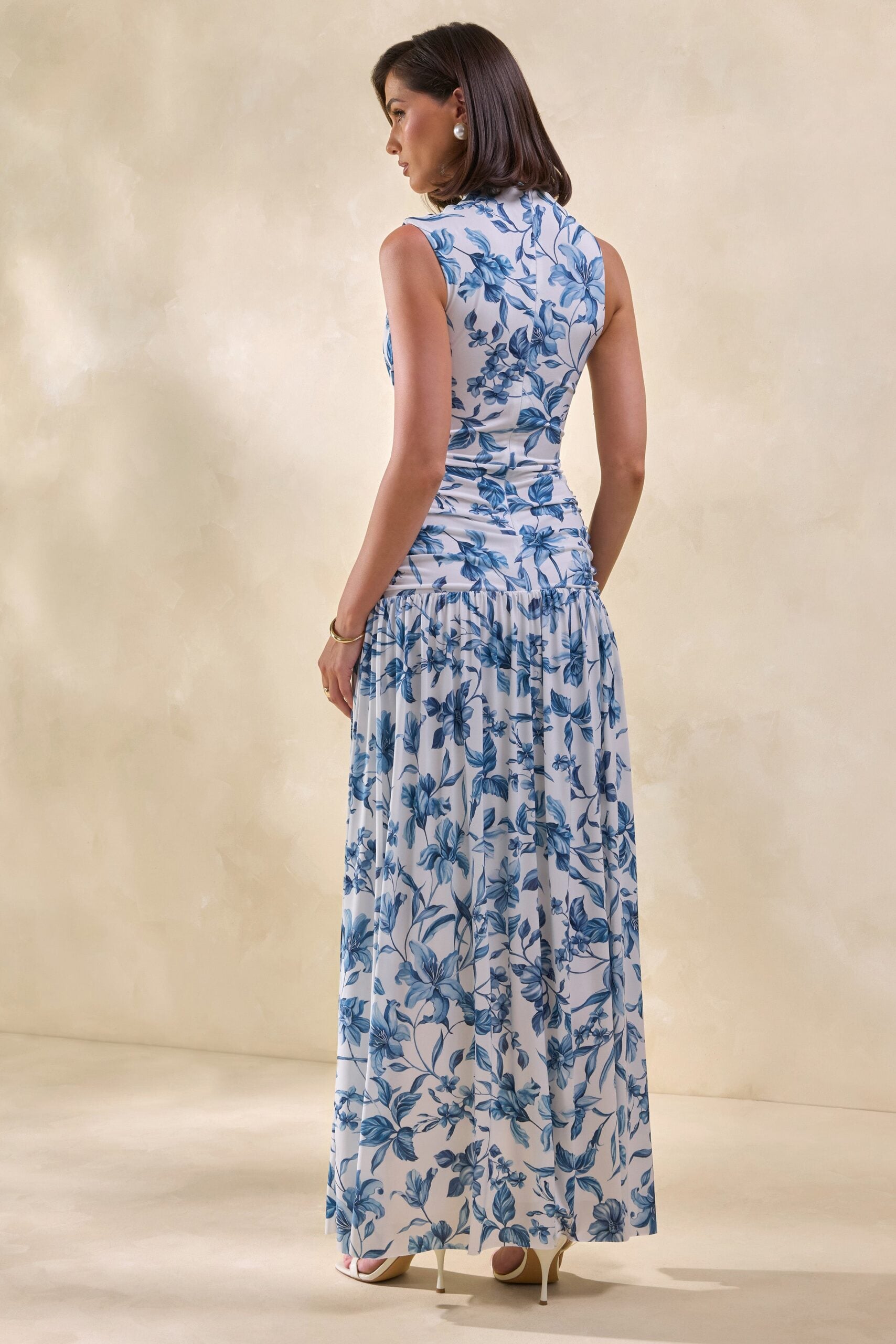 MNCLL131026150712619_2 Club L London Myssara | Blue Porcelain-Print High-Neck Maxi Dress Gathered-Detailing - Image 2