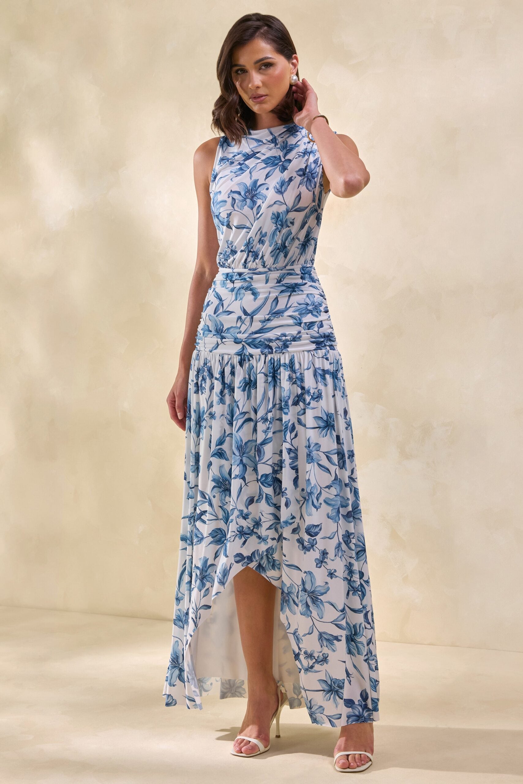 MNCLL131026150712619_3 Club L London Myssara | Blue Porcelain-Print High-Neck Maxi Dress Gathered-Detailing - Image 3