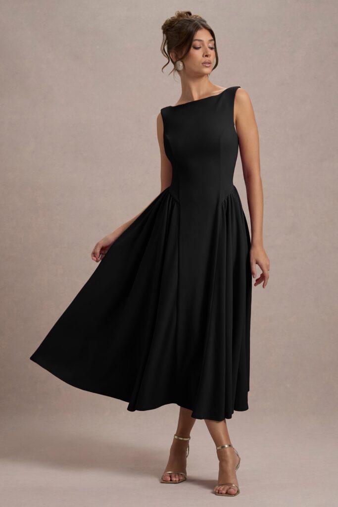 Club L London Muriel | Black Boat Neck A-Line Midi Dress With Gathered Detailing - Image 1