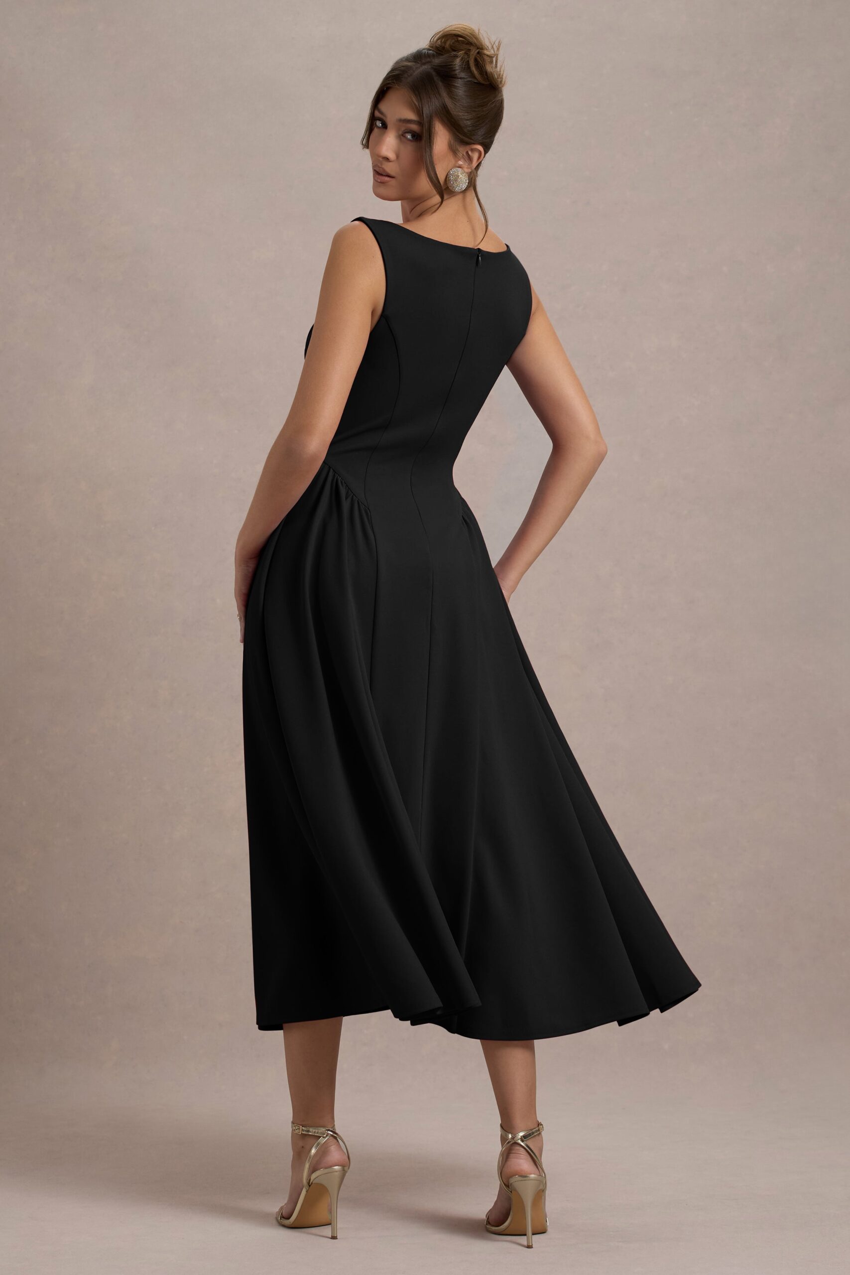 MNCLL131026150712627_2 Club L London Muriel | Black Boat Neck A-Line Midi Dress With Gathered Detailing - Image 2