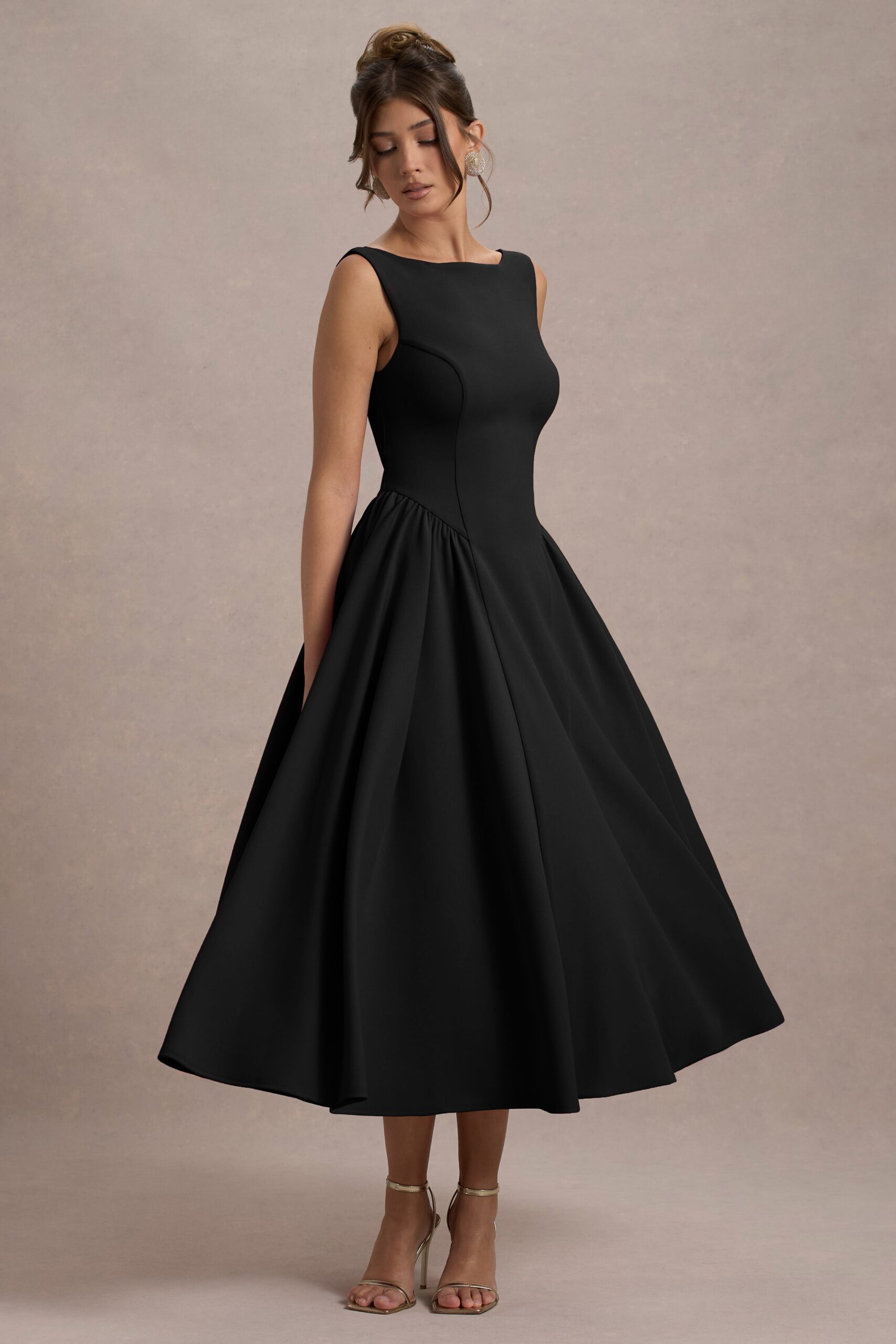 MNCLL131026150712627_3 Club L London Muriel | Black Boat Neck A-Line Midi Dress With Gathered Detailing - Image 3