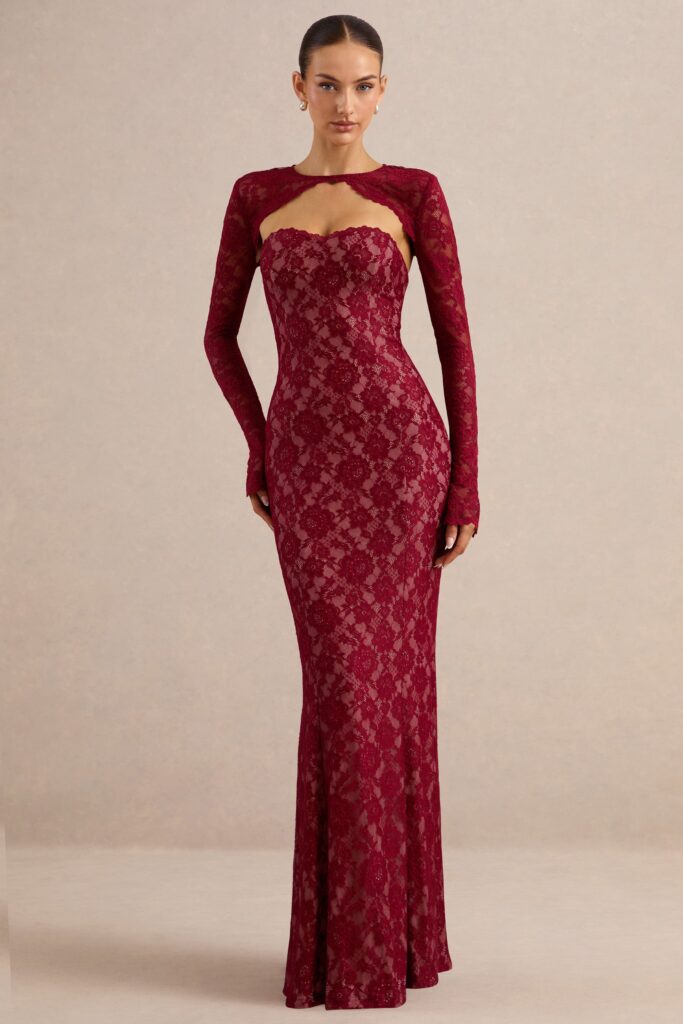 Club L London Mirellia | Dark Red Lace Sweetheart-Neck Maxi Dress - Image 1