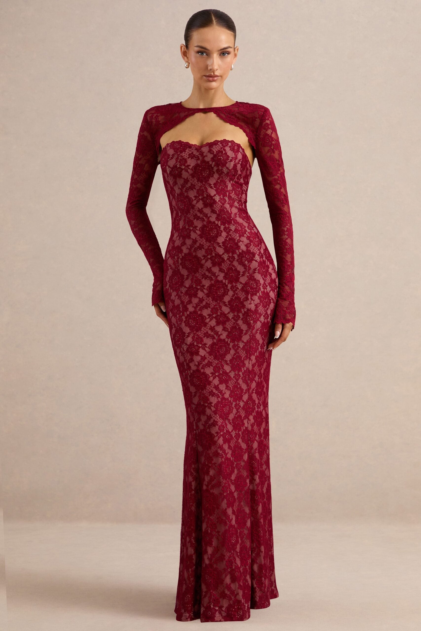 Club L London Mirellia | Dark Red Lace Sweetheart-Neck Maxi Dress - Image 1