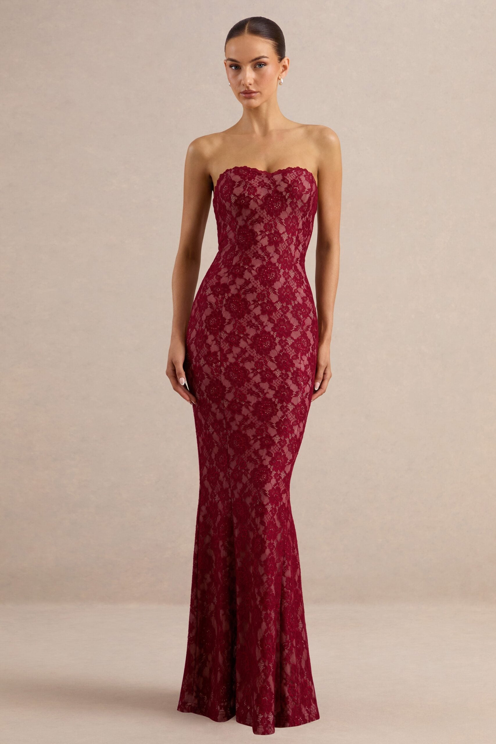 MNCLL131026150712649_3 Club L London Mirellia | Dark Red Lace Sweetheart-Neck Maxi Dress - Image 3