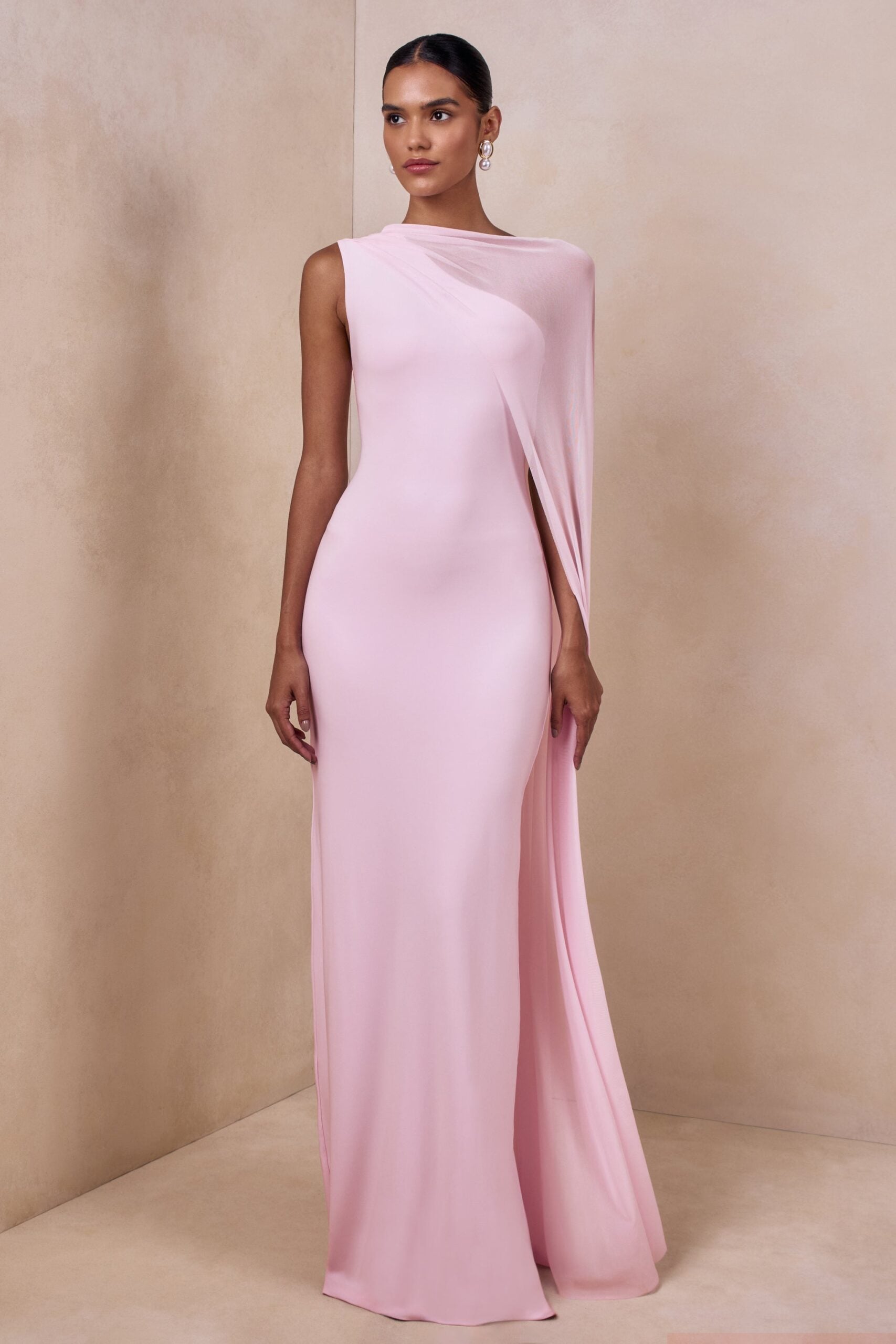 Club L London Mirelle | Light Pink Jersey Boat Neck Maxi Dress With ...