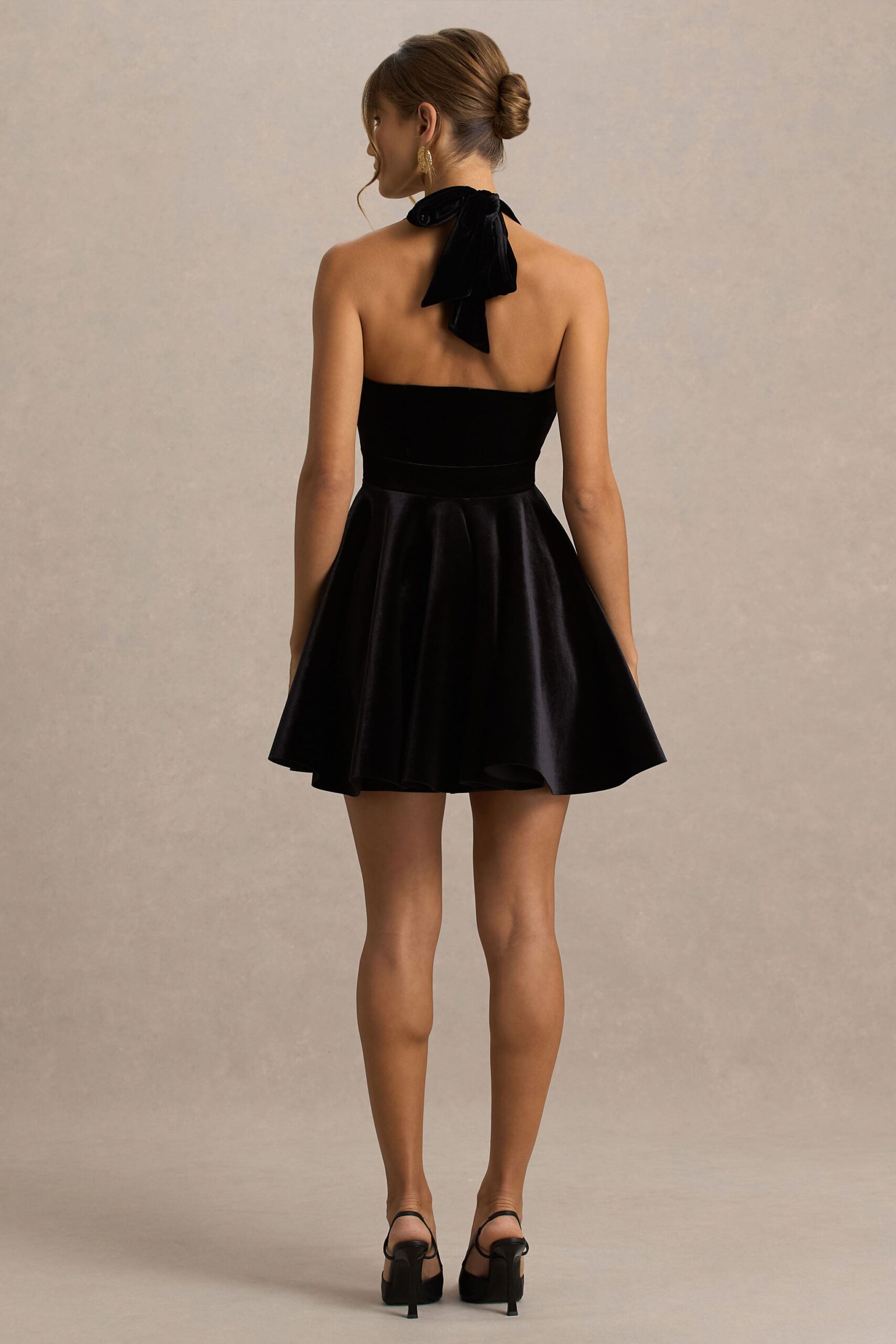 Club L London Mirage | Black Velvet Halter-Neck Mini Dress With Skater-Skirt - Image 2