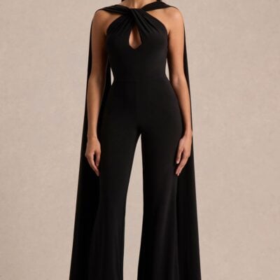 Club L London Mindy | Black Twist Halter-Neck Jumpsuit With Cape - Image 1