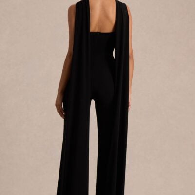 Club L London Mindy | Black Twist Halter-Neck Jumpsuit With Cape - Image 2
