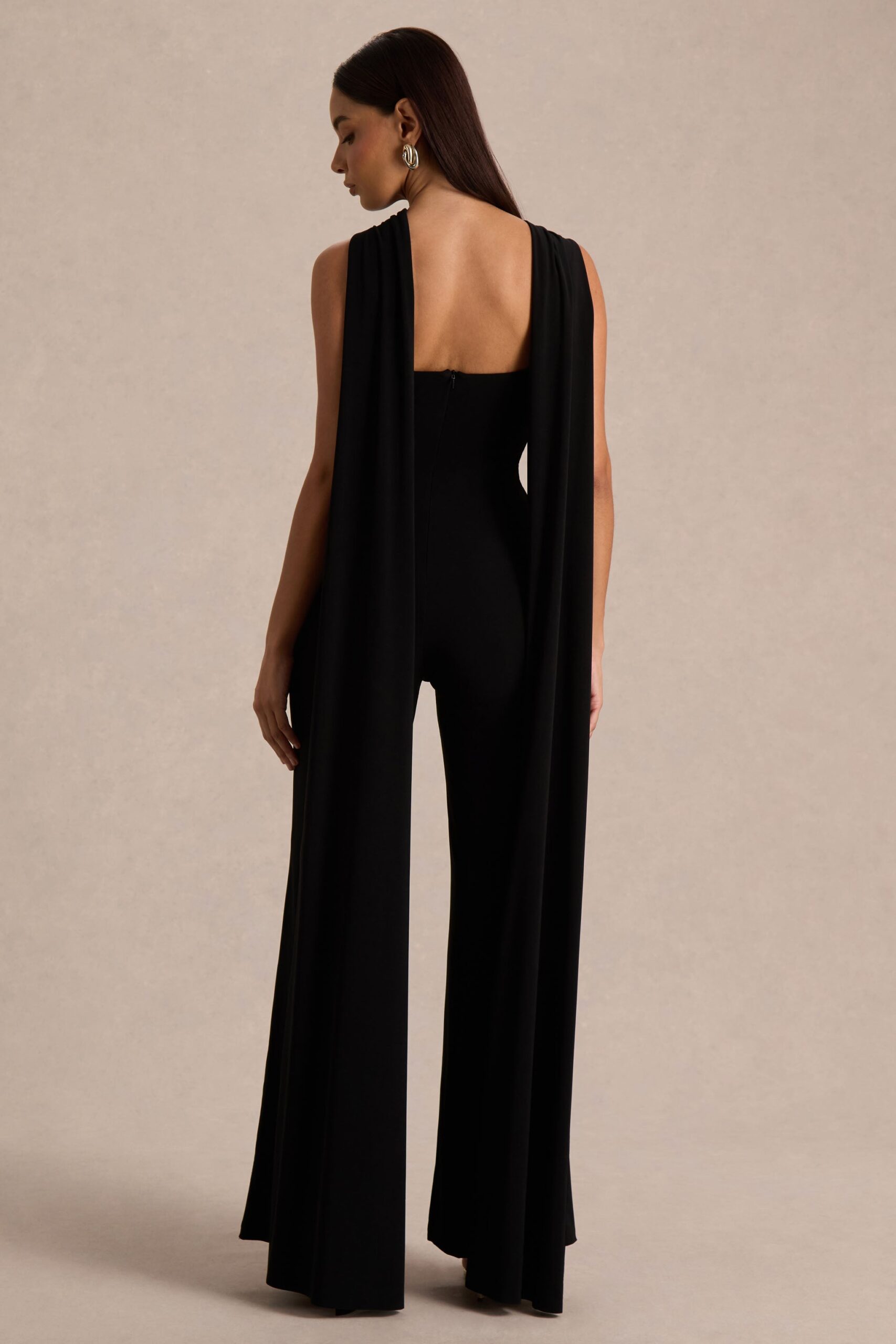 Club L London Mindy | Black Twist Halter-Neck Jumpsuit With Cape - Image 2