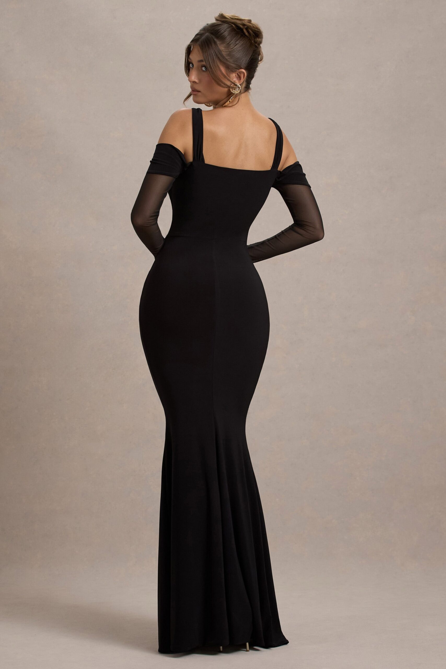 MNCLL131026150712675_2 Club L London Milana | Black Square-Neck Draped Wrap Maxi Dress With Long Sleeves - Image 2