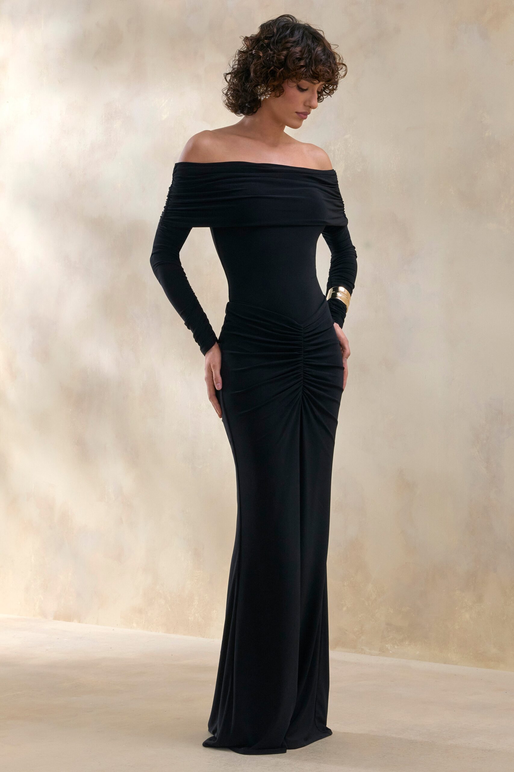 Club L London Micaela | Black Ruched Maxi Skirt - Image 1