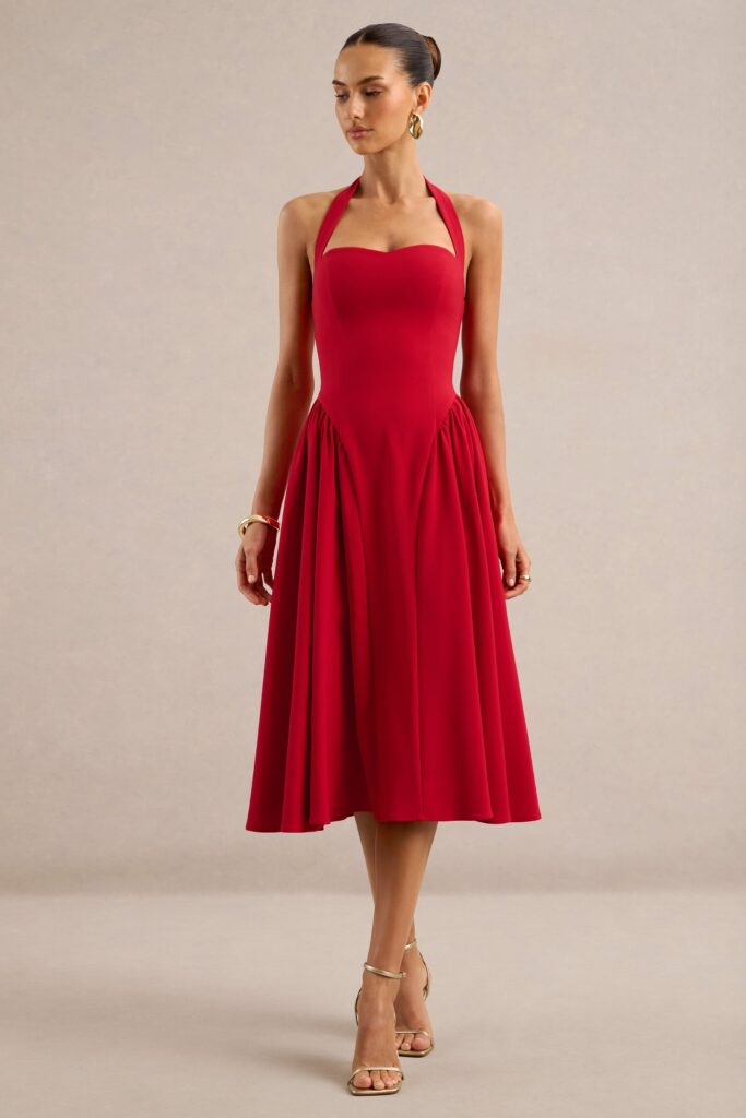 Club L London Meriellea | Red Sweetheart A-Line Midi Dress With Gathered Detailing And Tie Back - Image 1