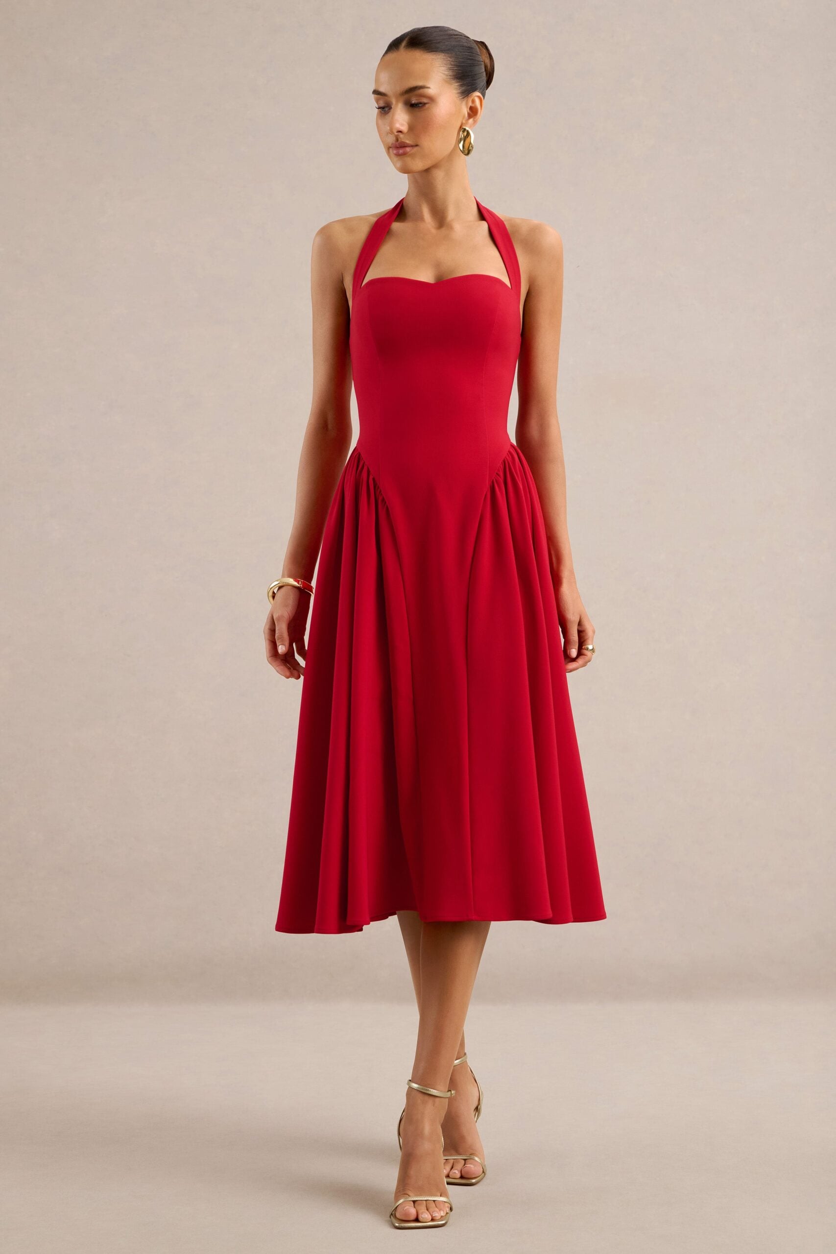 Club L London Meriellea | Red Sweetheart A-Line Midi Dress With Gathered Detailing And Tie Back - Image 1