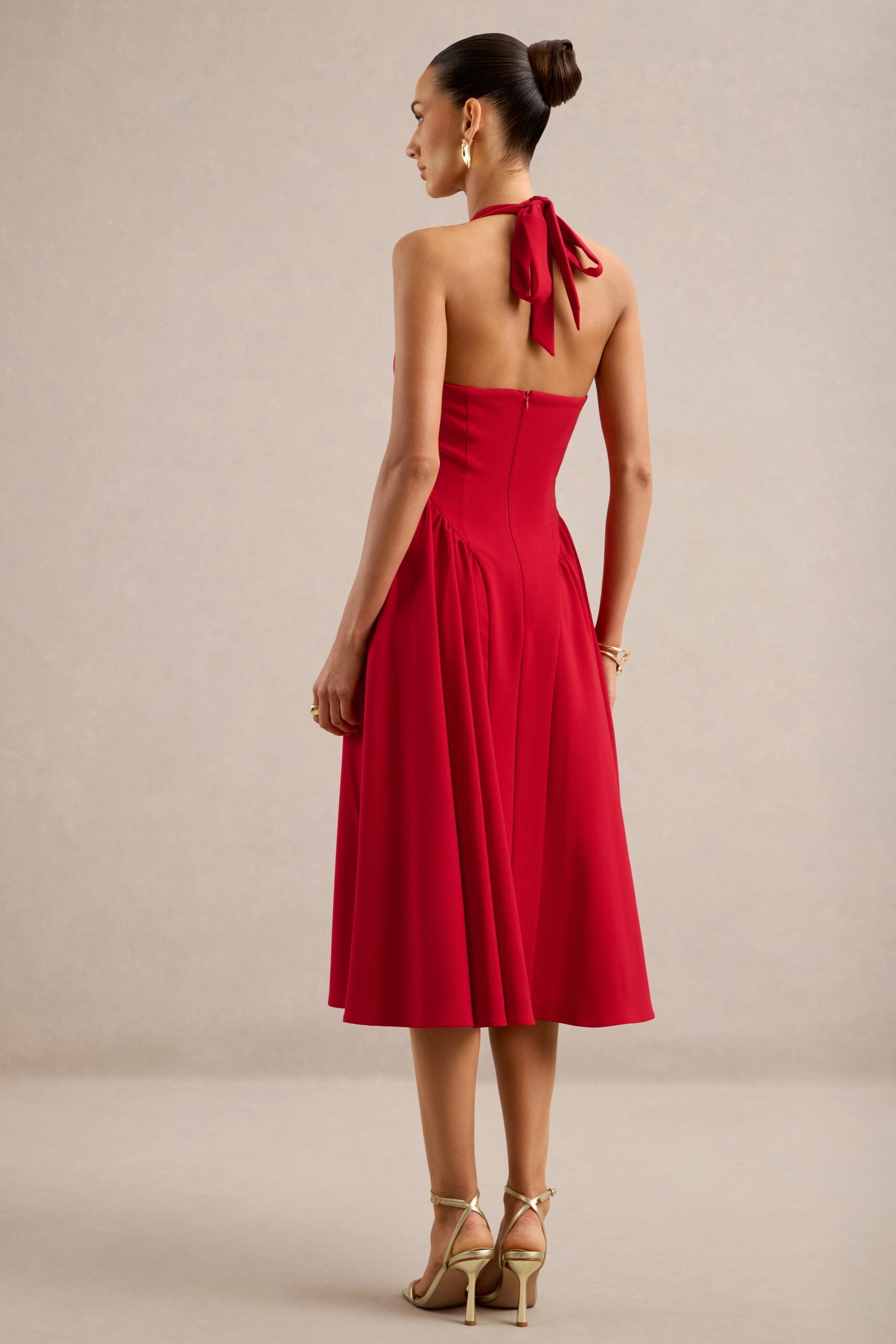 MNCLL131026150712686_2 Club L London Meriellea | Red Sweetheart A-Line Midi Dress With Gathered Detailing And Tie Back - Image 2