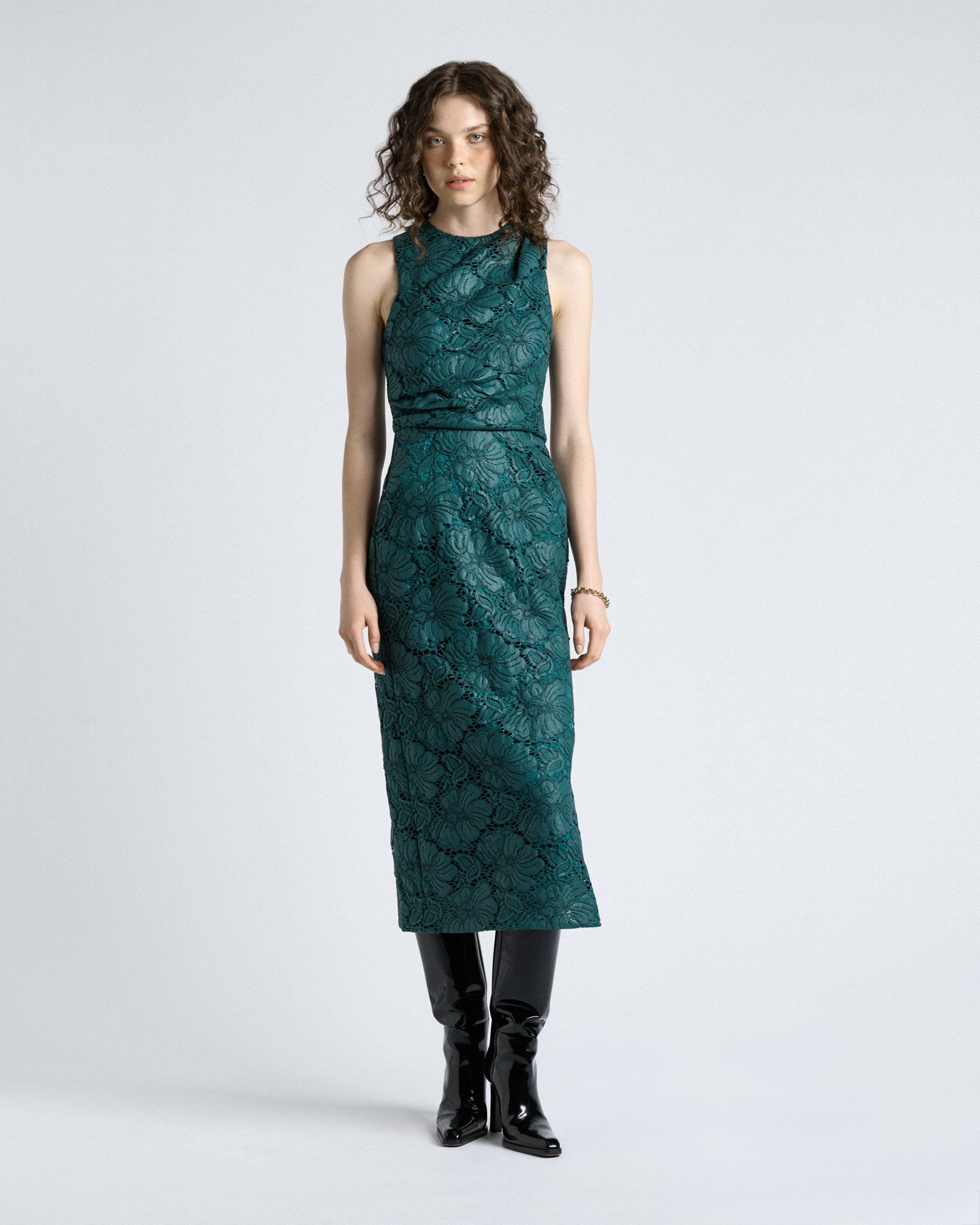 Cue Deep Green European Coated Lace Column Dress - Image 1