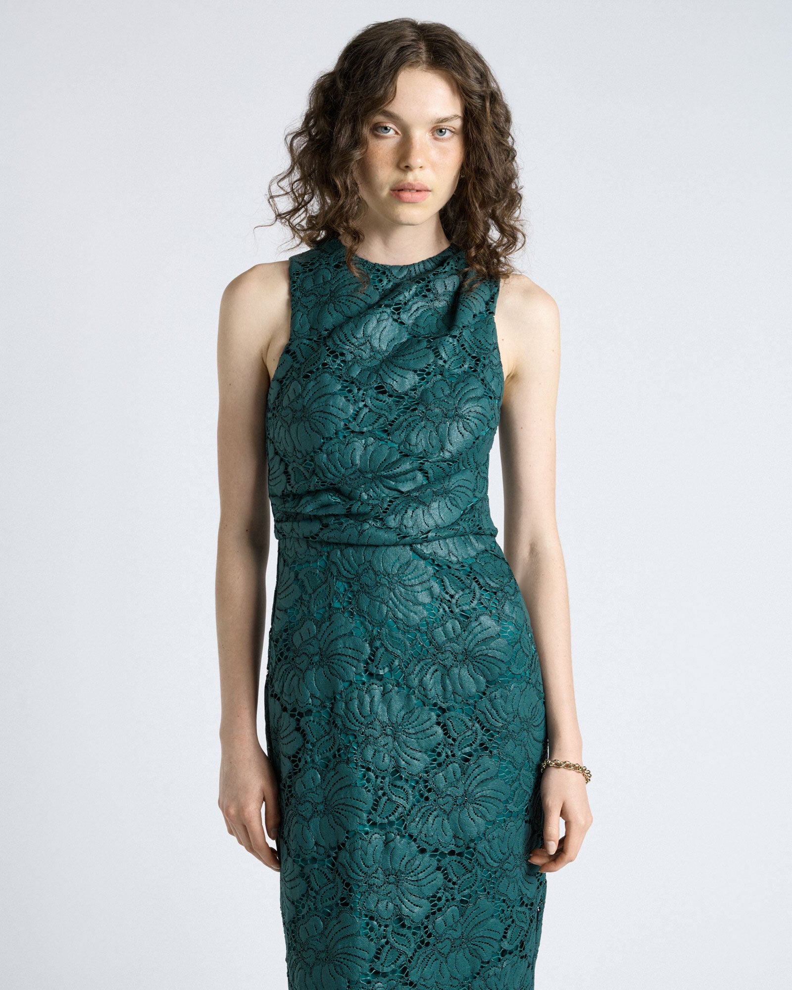 MNCUE041026023128006_2 Cue Deep Green European Coated Lace Column Dress - Image 2