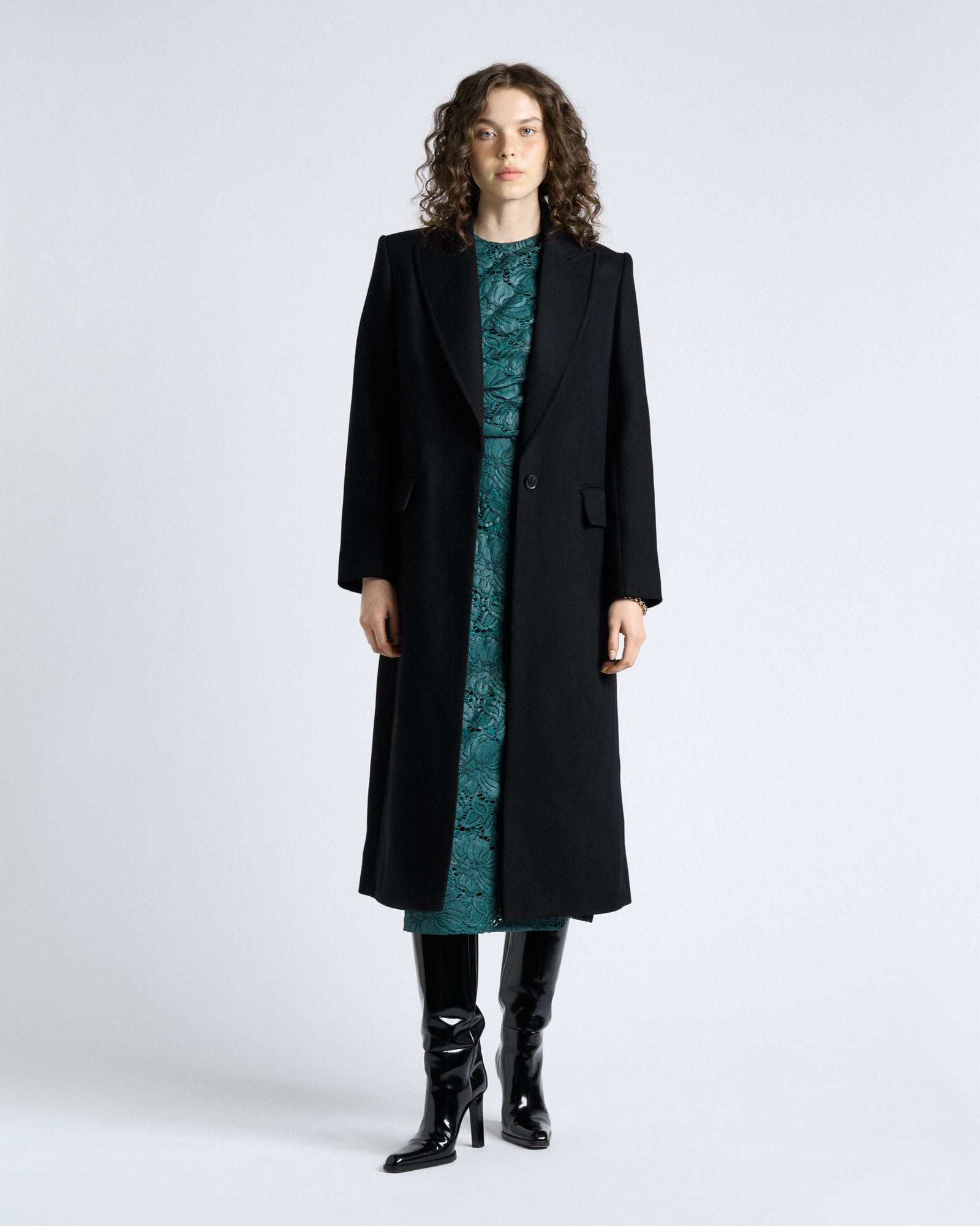 MNCUE041026023128006_3 Cue Deep Green European Coated Lace Column Dress - Image 3