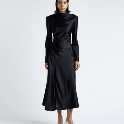 Cue Dark Ink Matte Satin Viscose Gathered Midi Dress - Image 1