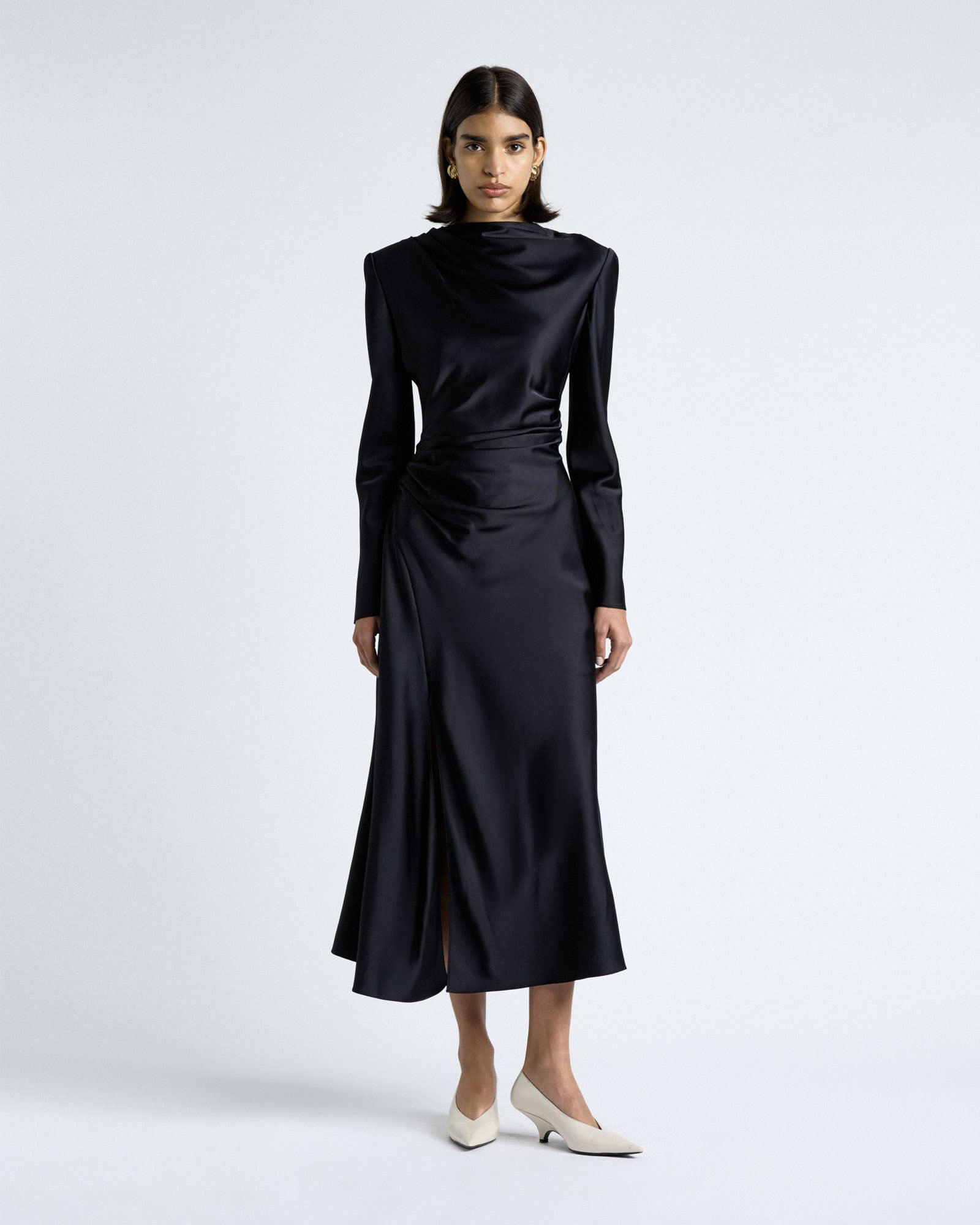 Cue Dark Ink Matte Satin Viscose Gathered Midi Dress - Image 1