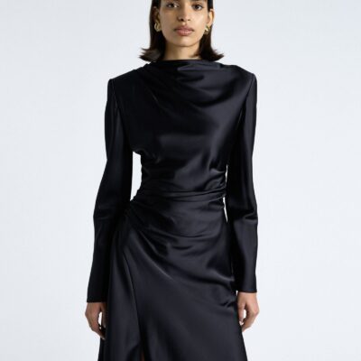 Cue Dark Ink Matte Satin Viscose Gathered Midi Dress - Image 2