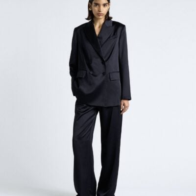 Cue Dark Ink Matte Satin Viscose Double Breasted Blazer - Image 1