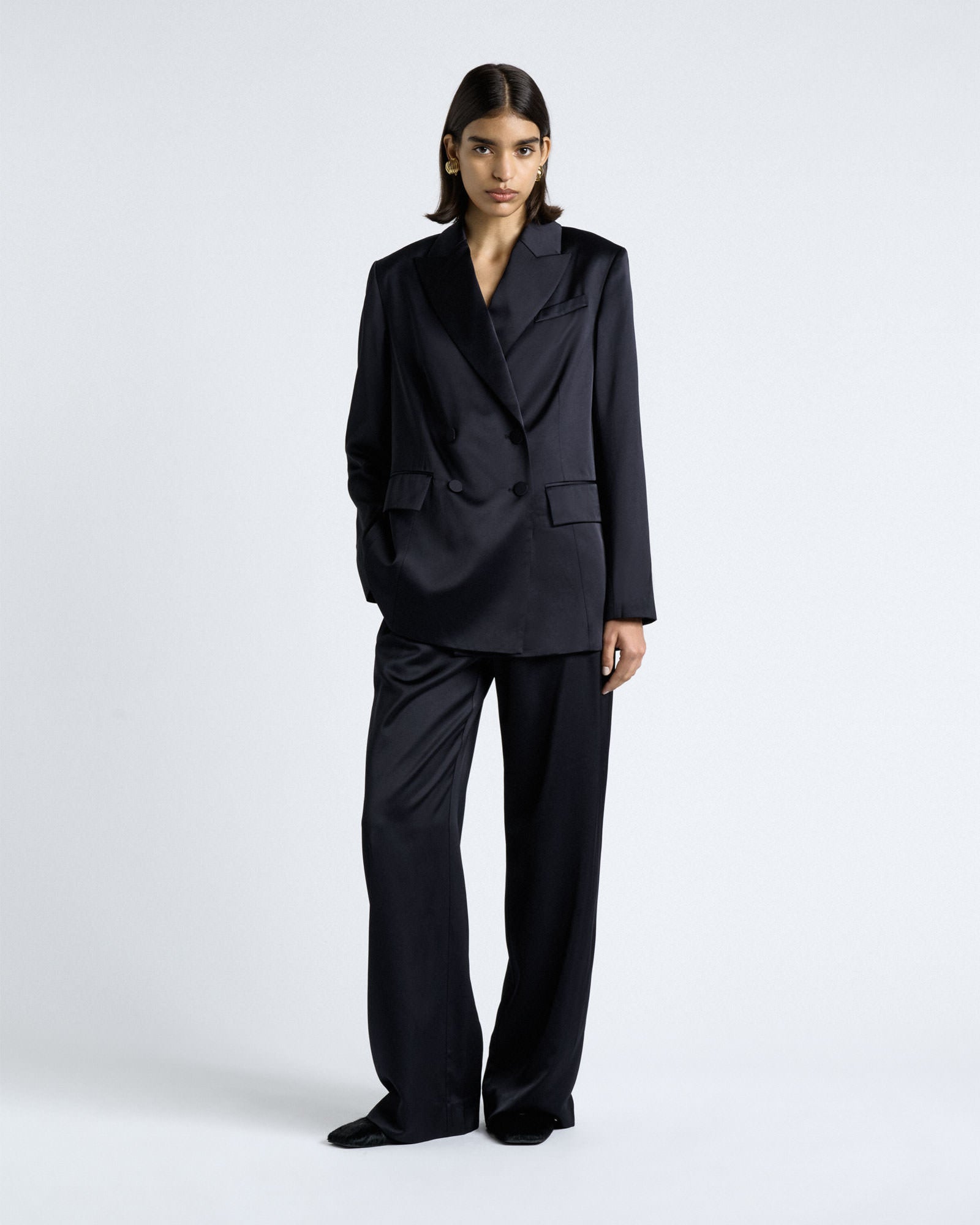 Cue Dark Ink Matte Satin Viscose Double Breasted Blazer - Image 1