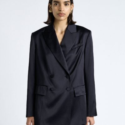 Cue Dark Ink Matte Satin Viscose Double Breasted Blazer - Image 2