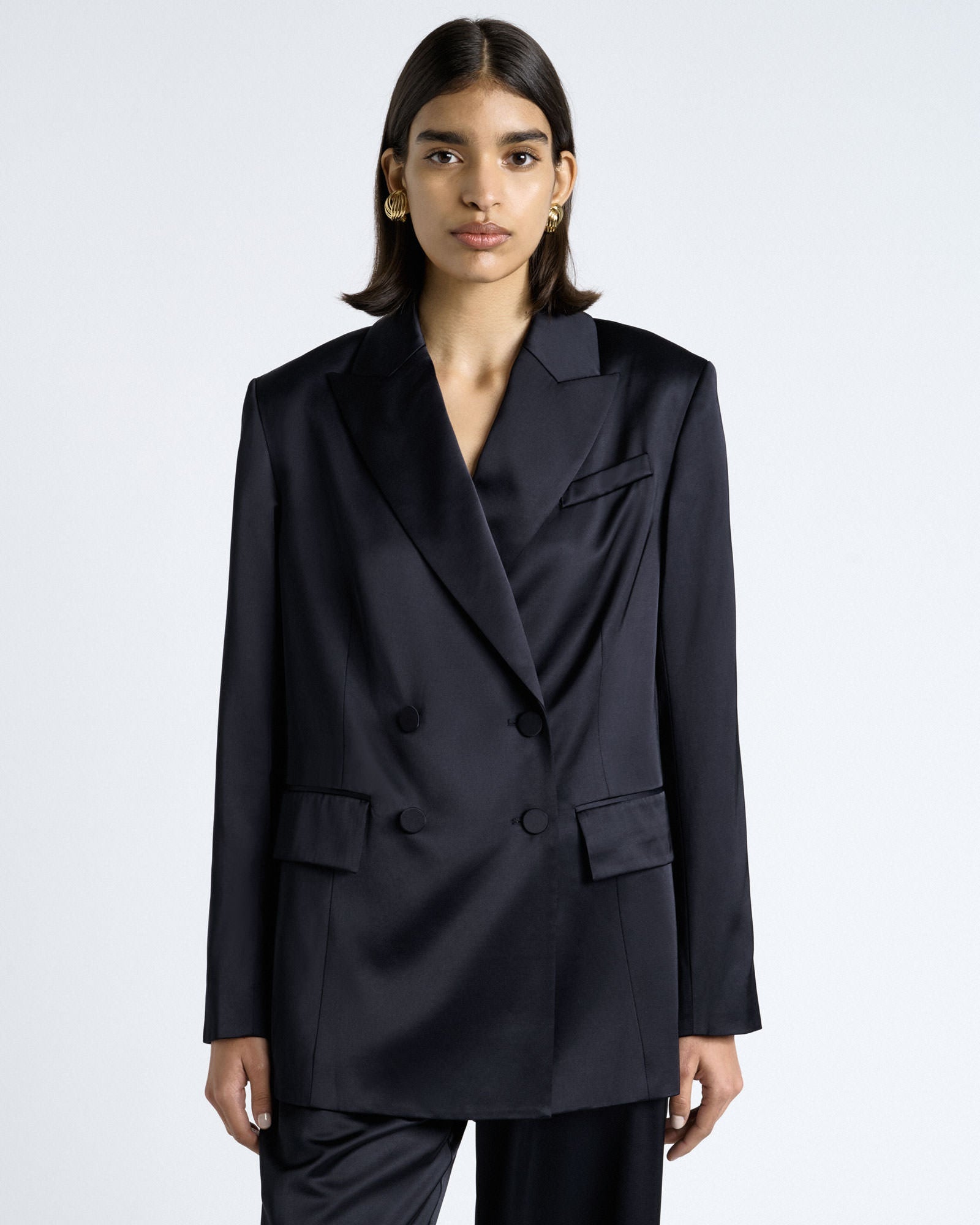 MNCUE041026023128008_2 Cue Dark Ink Matte Satin Viscose Double Breasted Blazer - Image 2