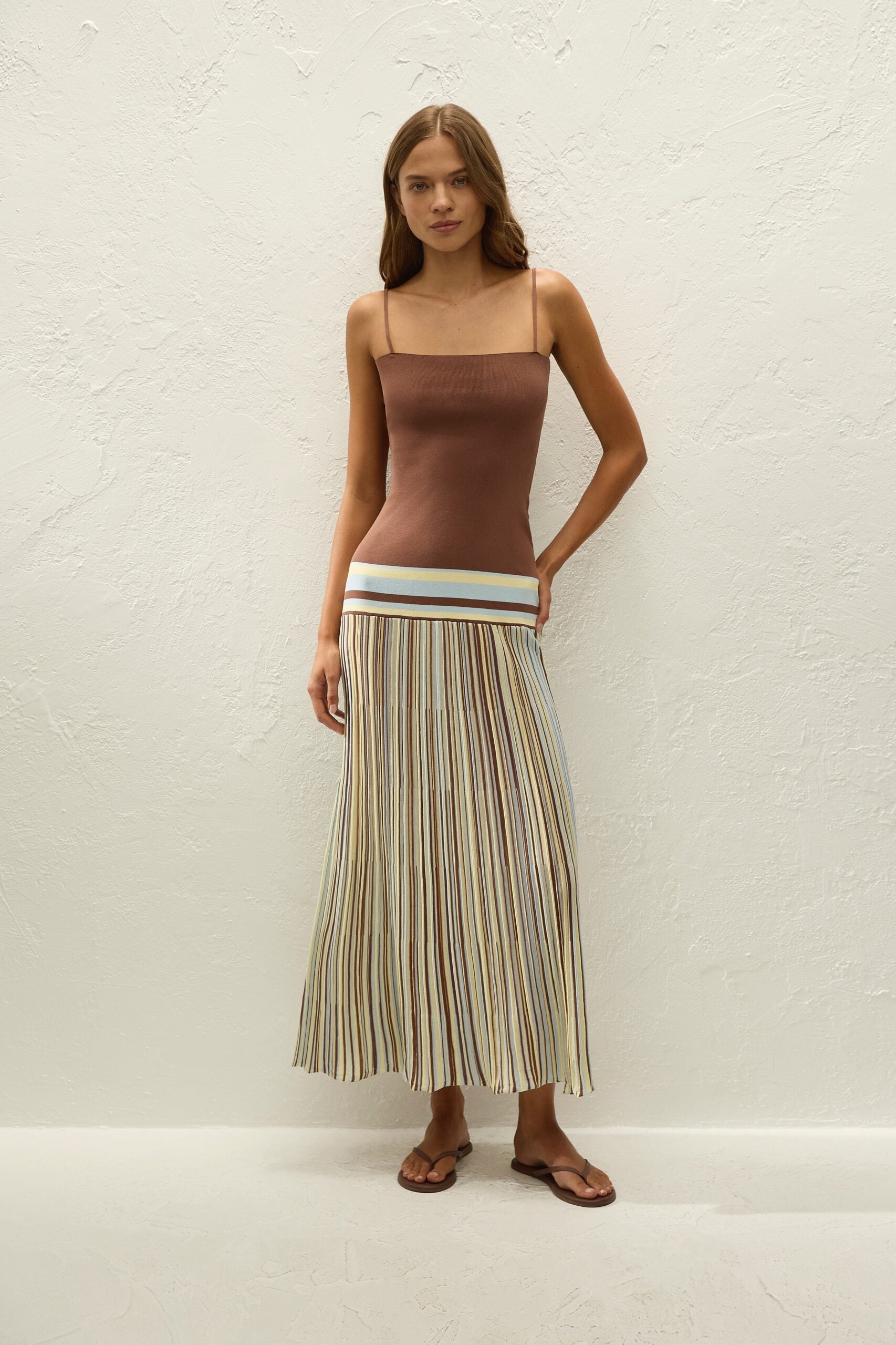 Faithfull The Brand Esenia Knit Dress Sky Blue Pale Yellow Stripe - Image 1