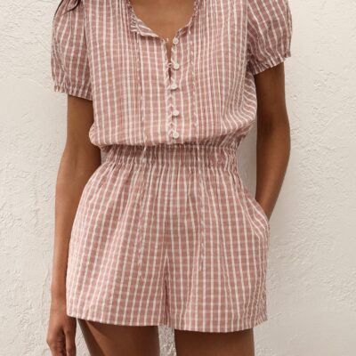Faithfull The Brand Emilie Playsuit Paloma Check Cinnamon White - Image 2