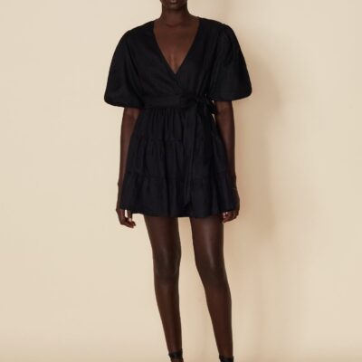 Faithfull The Brand Rooney Wrap Mini Dress Plain Black - Image 1