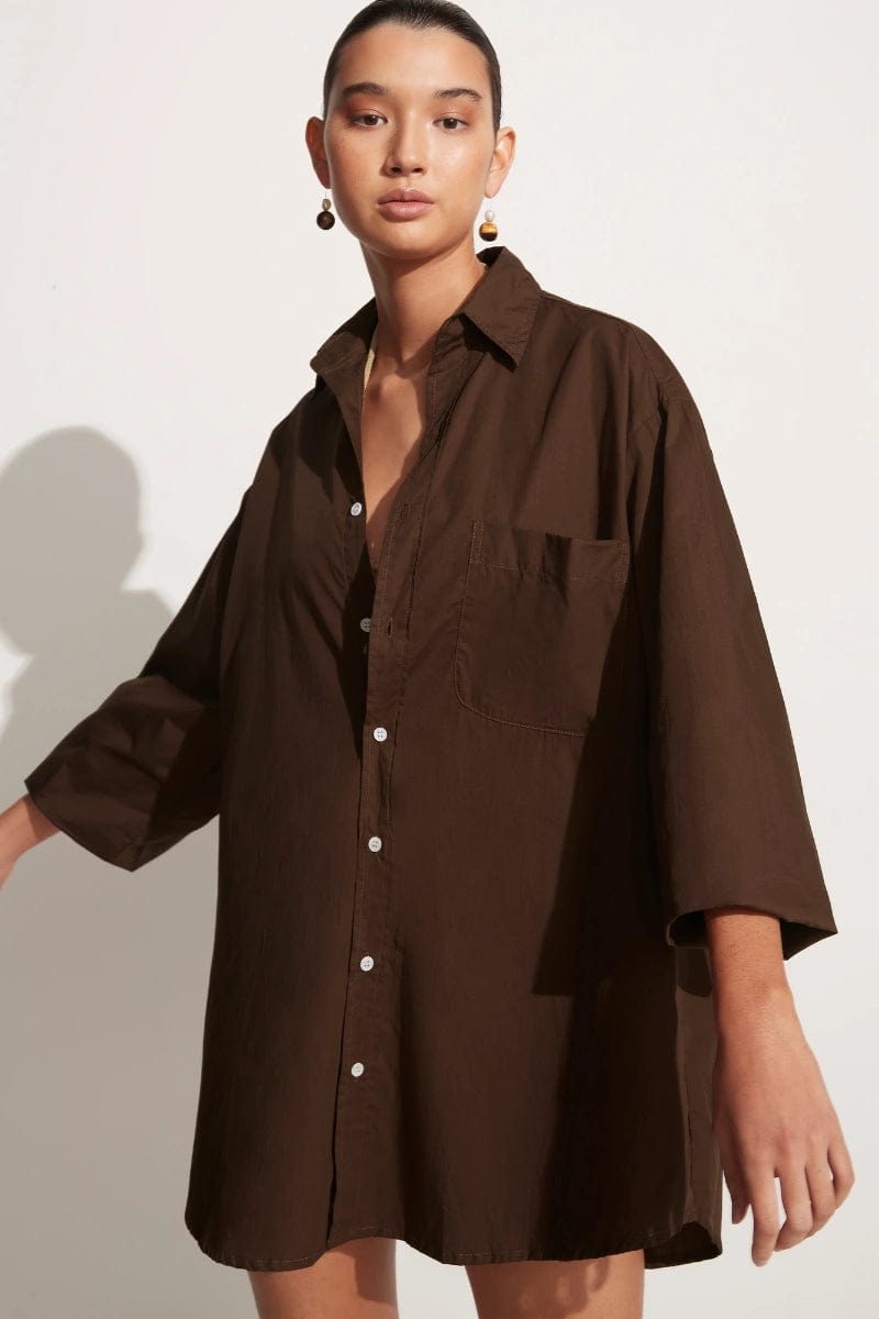 Faithfull The Brand Pontia Shirt Dress Plain Dark Chocolate - Image 2