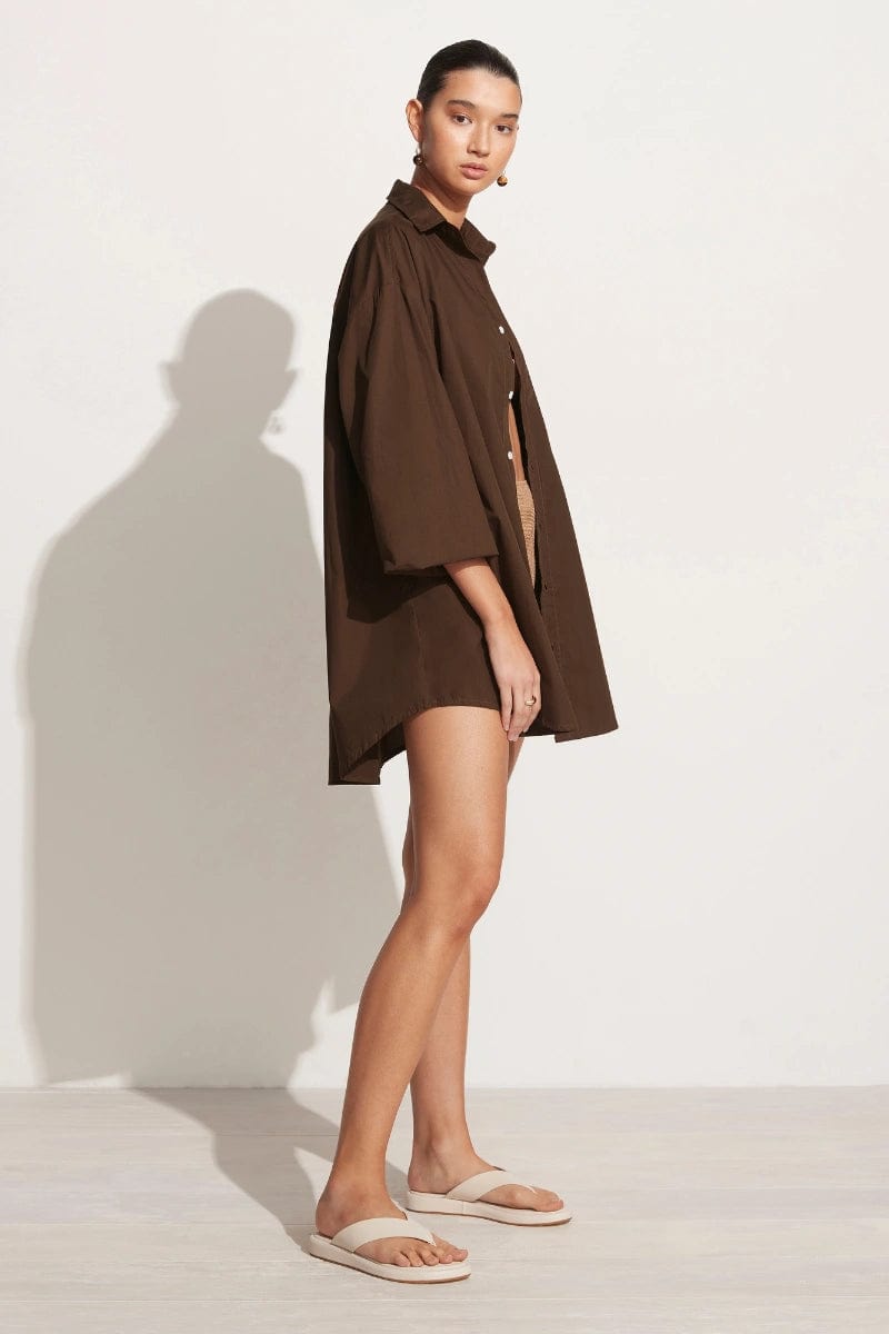 Faithfull The Brand Pontia Shirt Dress Plain Dark Chocolate - Image 3