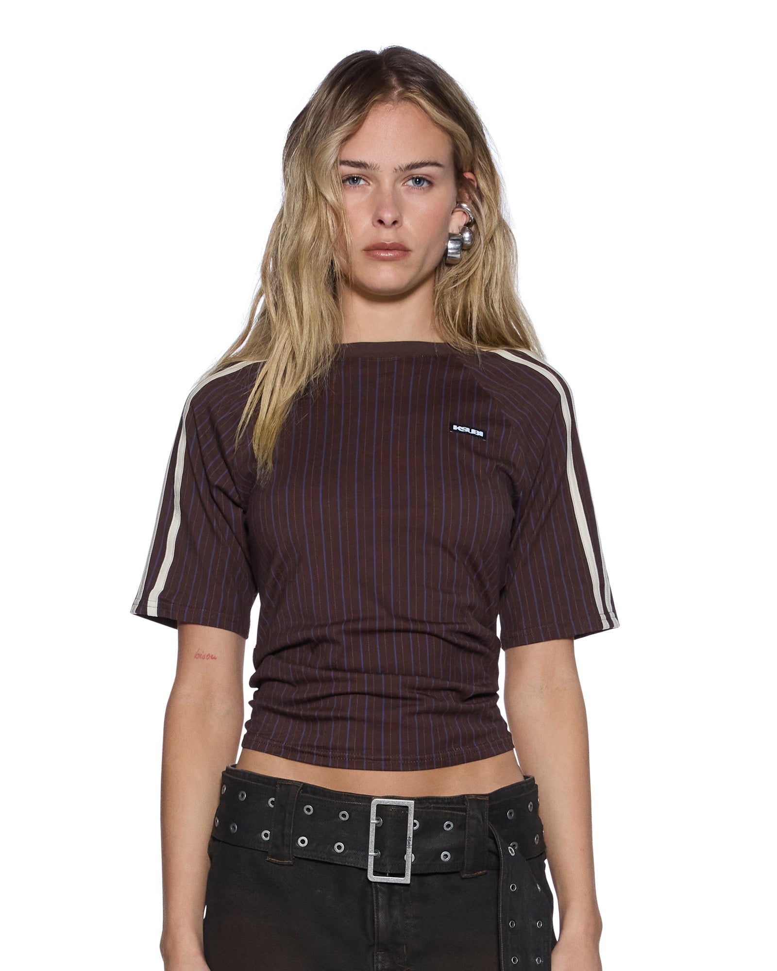 Ksubi Porter SS Top Chocolate Pinstripe - Image 1