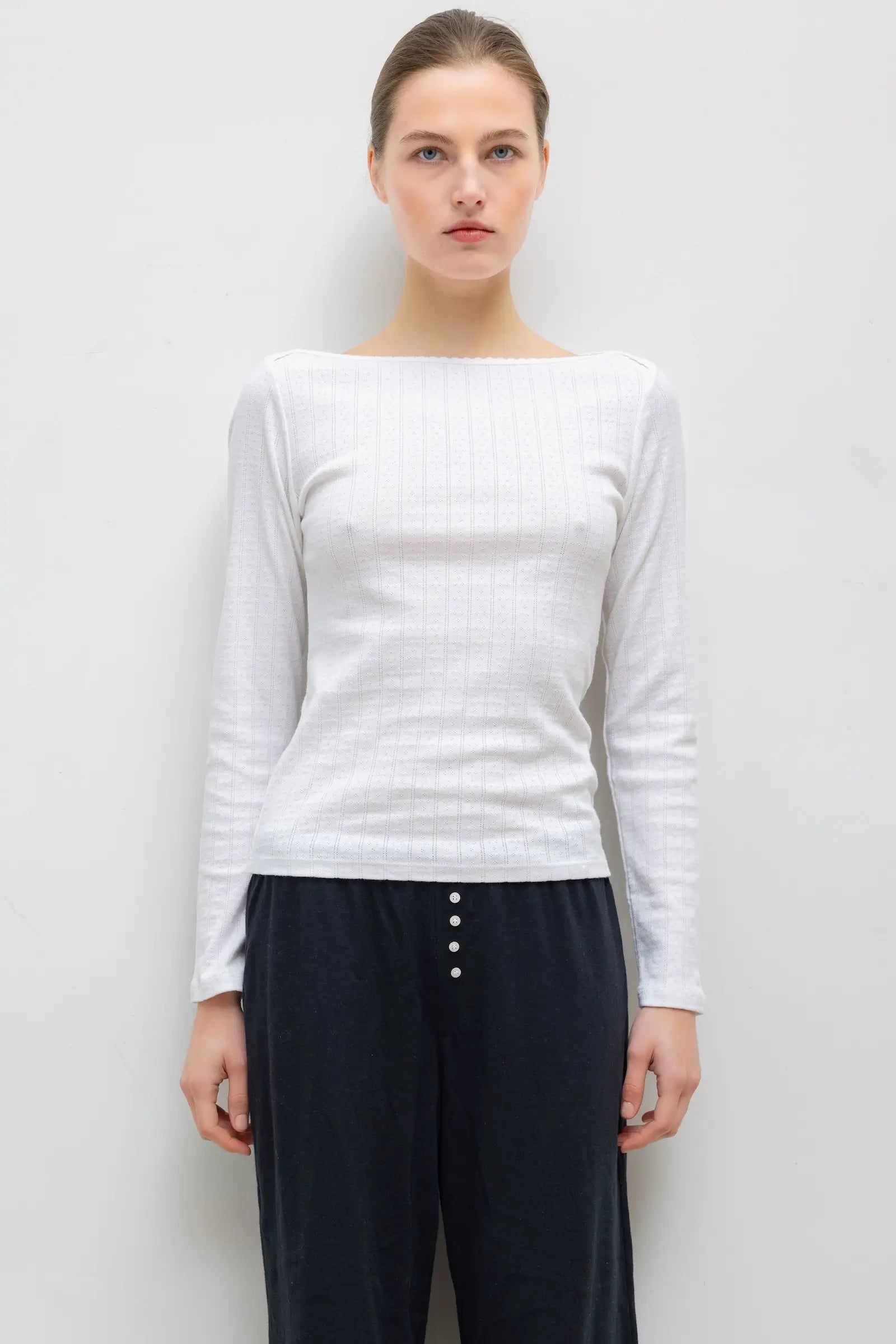 LESET Pointelle Long Sleeve Bateau Top - Image 1