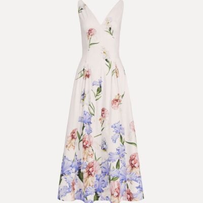 Oscar de la Renta Sleeveless V Neck Large Iris Degrade Poplin Dress - Image 1