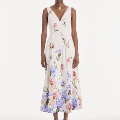 Oscar de la Renta Sleeveless V Neck Large Iris Degrade Poplin Dress - Image 2