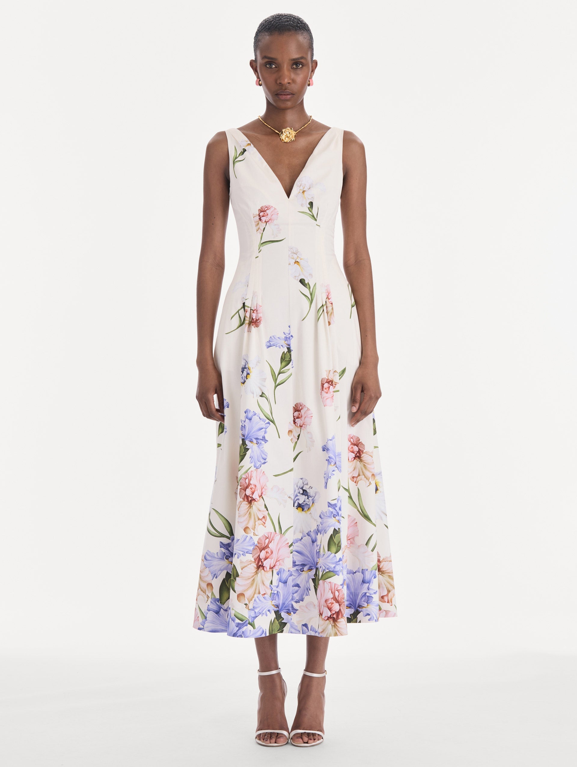 MNODR041026042615724_2 Oscar de la Renta Sleeveless V Neck Large Iris Degrade Poplin Dress - Image 2