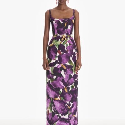 Oscar de la Renta Sleeveless Large Watercolor Iris Faille Gown - Image 2