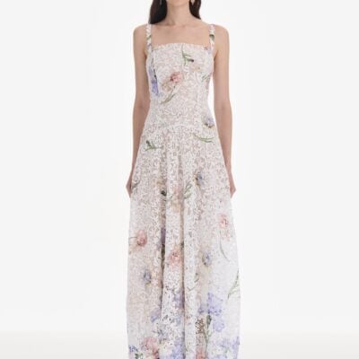 Oscar de la Renta Sleeveless Large Iris Degrade Printed Lace Day Dress - Image 2