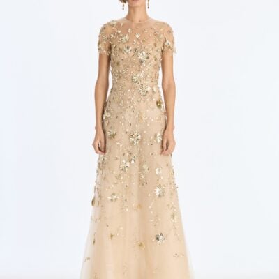 Oscar de la Renta Sequin Mini Floral Vines Embroidered Gown - Image 1