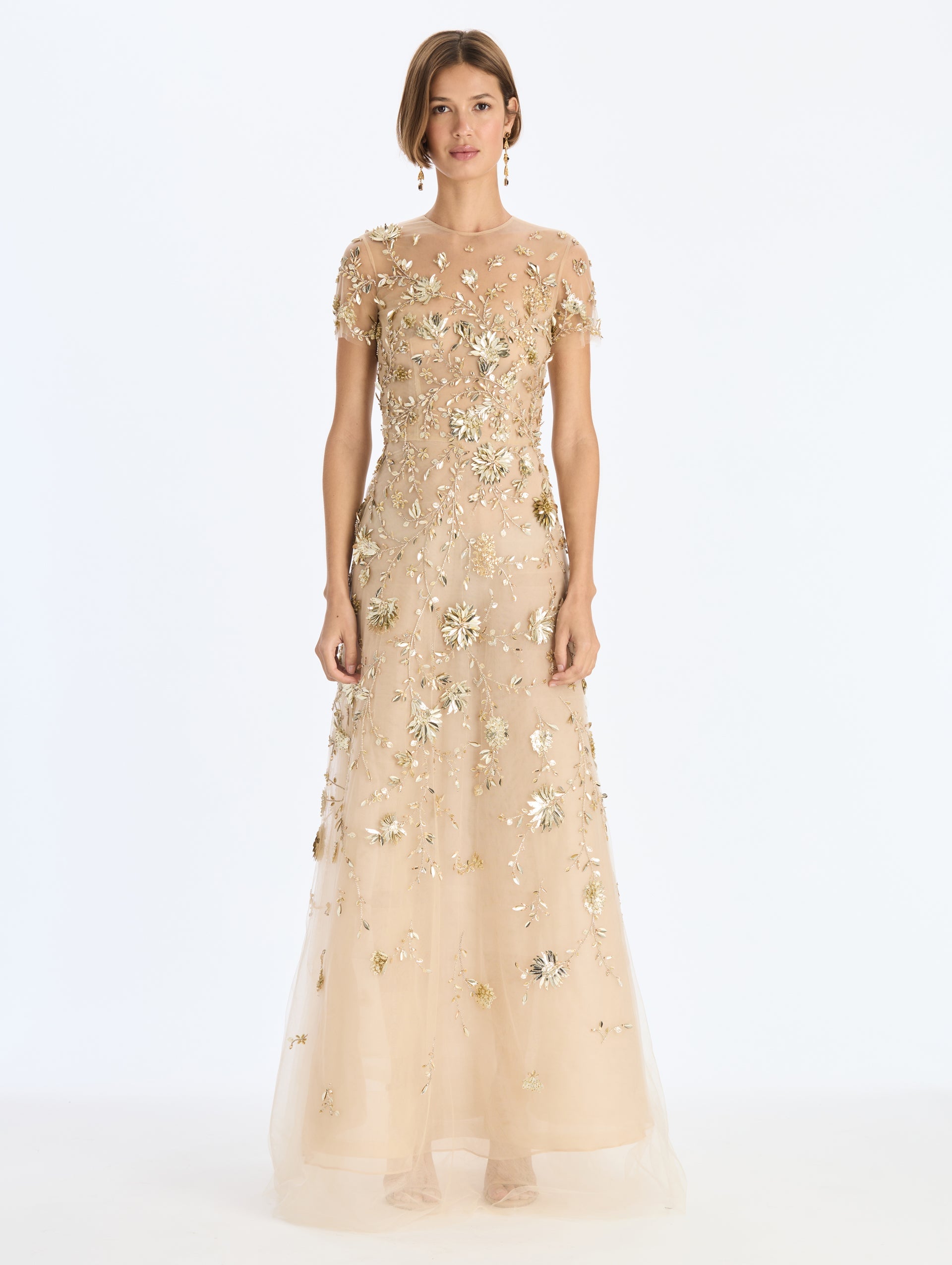 Oscar de la Renta Sequin Mini Floral Vines Embroidered Gown - Image 1