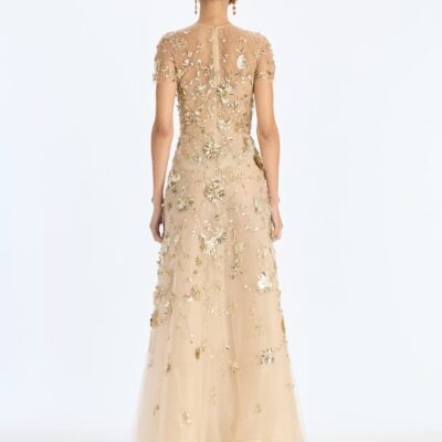 Oscar de la Renta Sequin Mini Floral Vines Embroidered Gown - Image 2